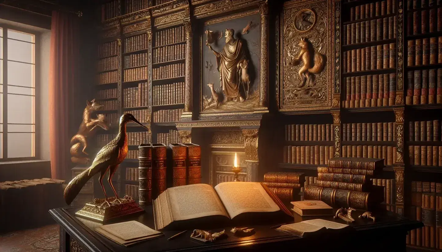 Biblioteca antica con tavolo in legno, libri rilegati, lampada ad olio e statuette di volpe e cicogna, sfondo con bassorilievo di filosofo.