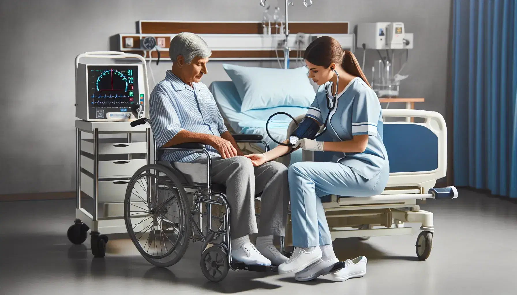 Infermiere in divisa misura la pressione sanguigna a un paziente in sedia a rotelle in una stanza d'ospedale illuminata e ordinata.