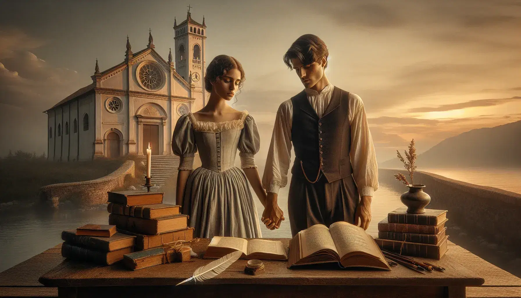Giovane coppia in abiti d'epoca mano nella mano, con chiesa lombarda sullo sfondo e tavolo rustico con libri, penna e calamaio.