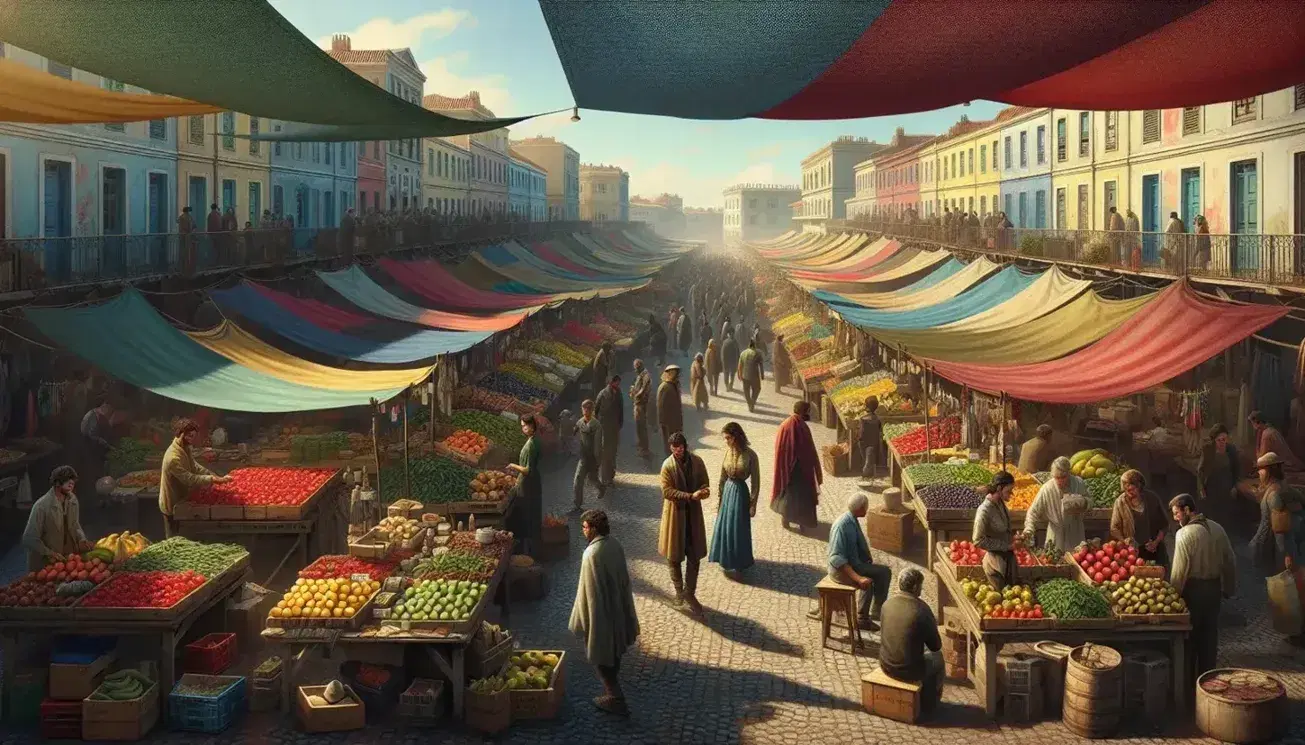 Mercado al aire libre con puestos de frutas y verduras frescas bajo toldos coloridos, gente comprando y calle adoquinada con edificios pastel en un día soleado.