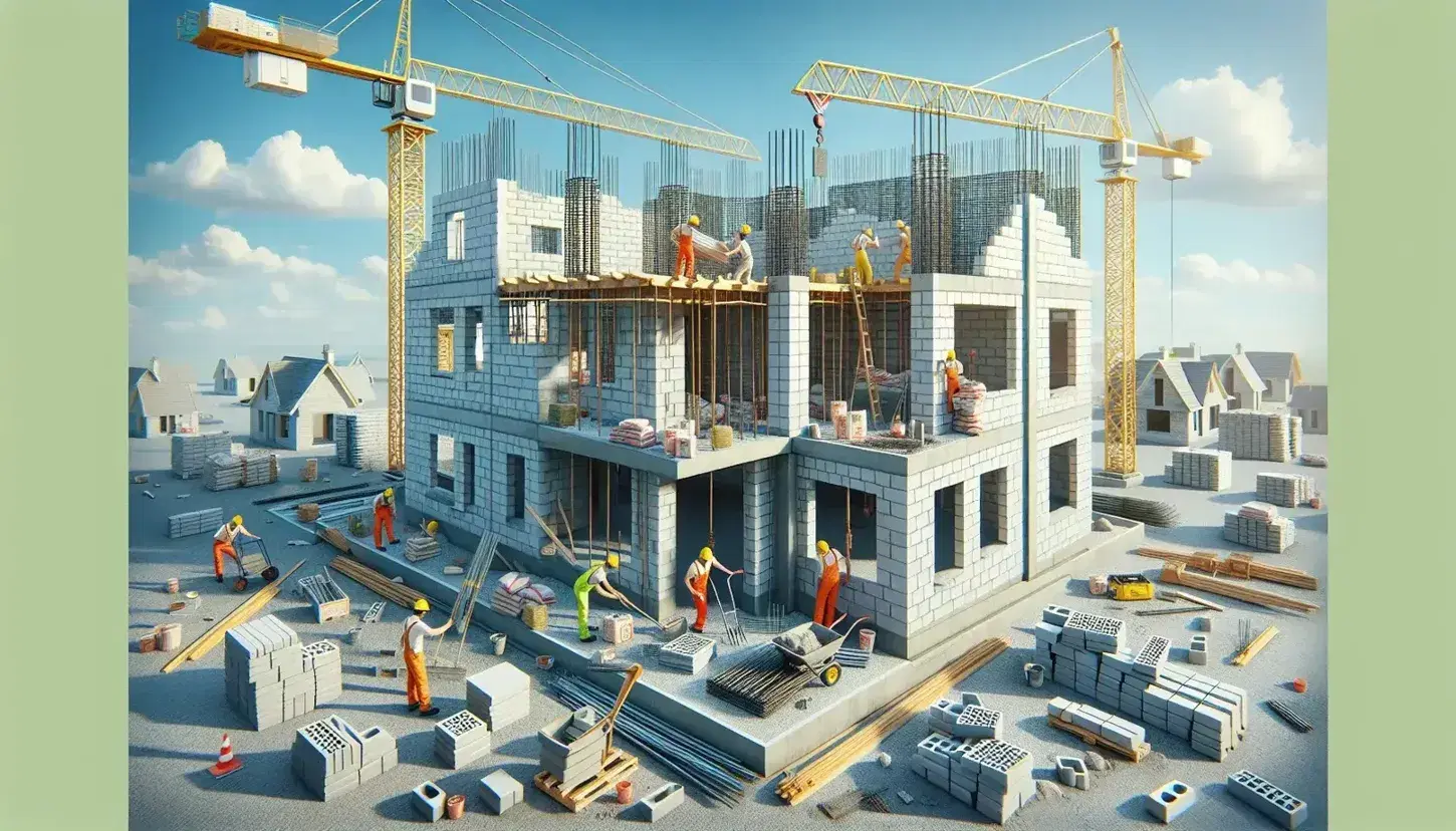 Cantiere edile con struttura abitativa in costruzione, operai con caschi colorati al lavoro e gru gialla, sotto un cielo azzurro.