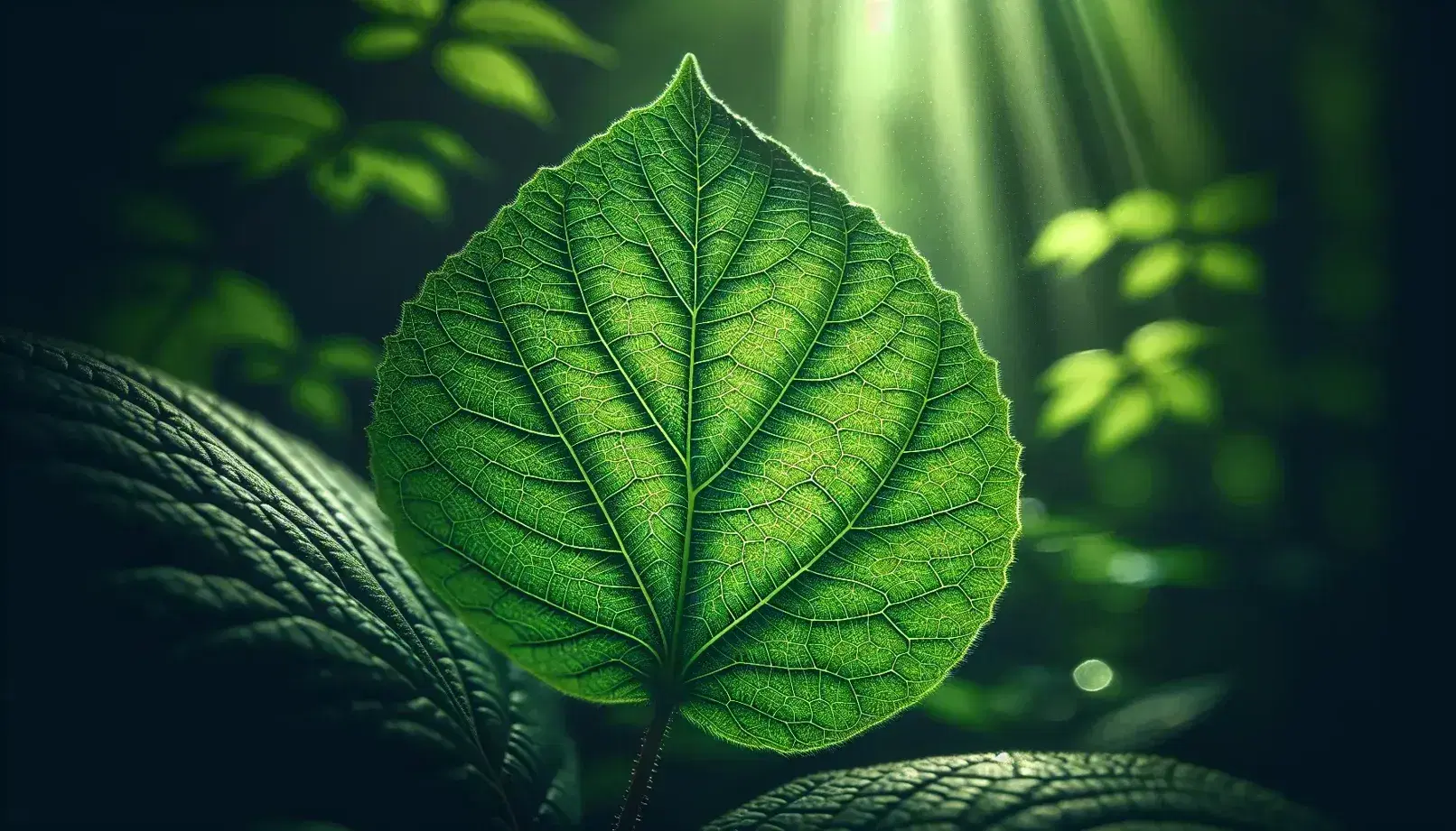 Hoja verde brillante con textura y venas visibles, iluminada por el sol creando un efecto de transparencia, sobre fondo desenfocado de vegetación.