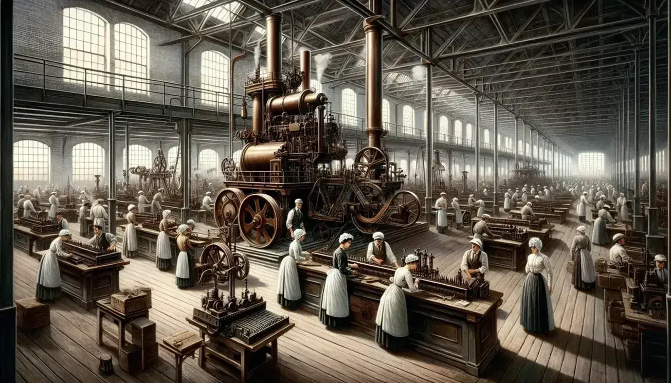 Late 19th-century industrial factory floor bustling with workers in period attire, a prominent steam engine, and various operational machinery under natural light.
