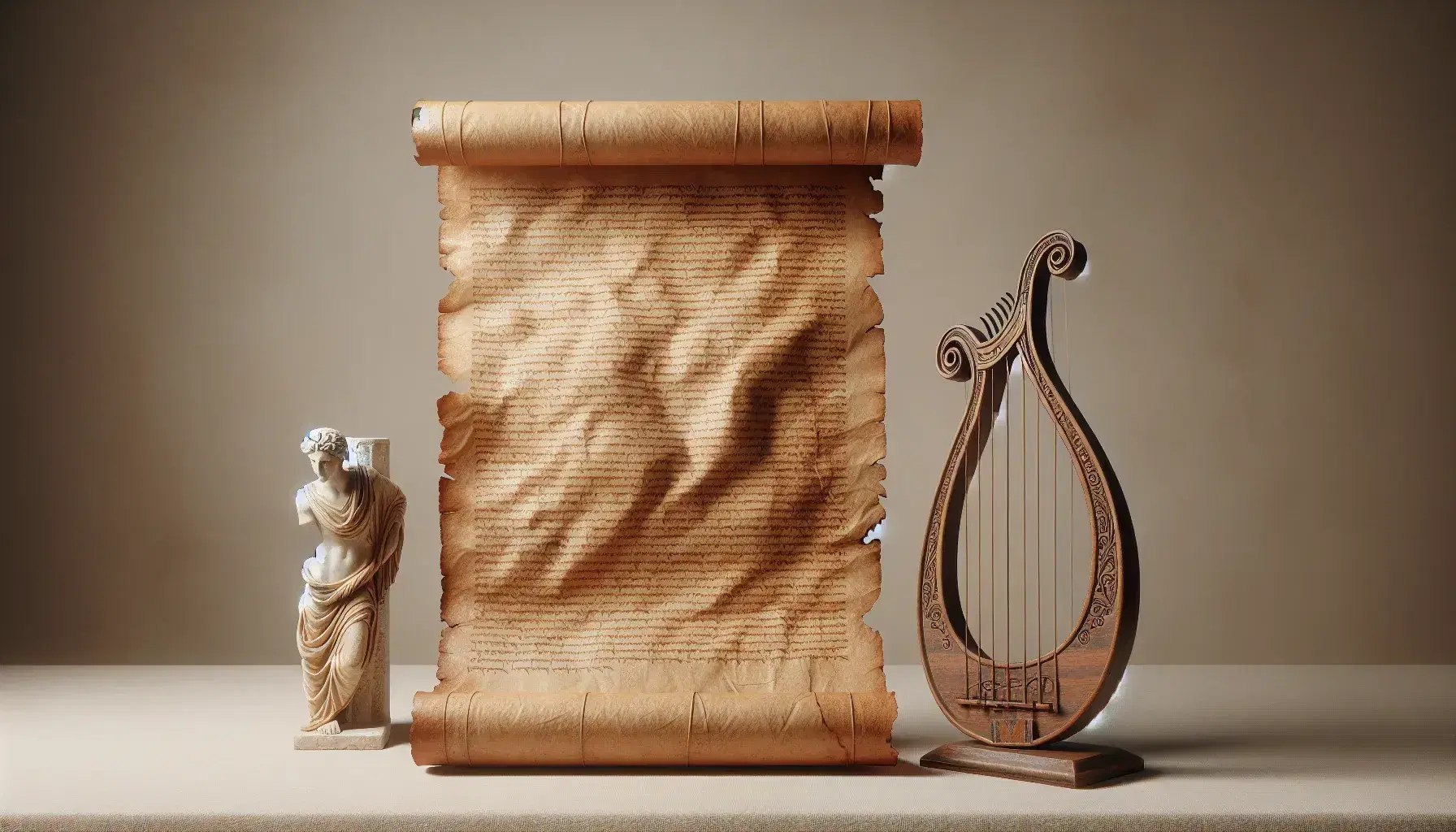 Pergamena antica parzialmente srotolata con bordi usati accanto a una lira in legno e statua marmorea di figura mitologica sullo sfondo.