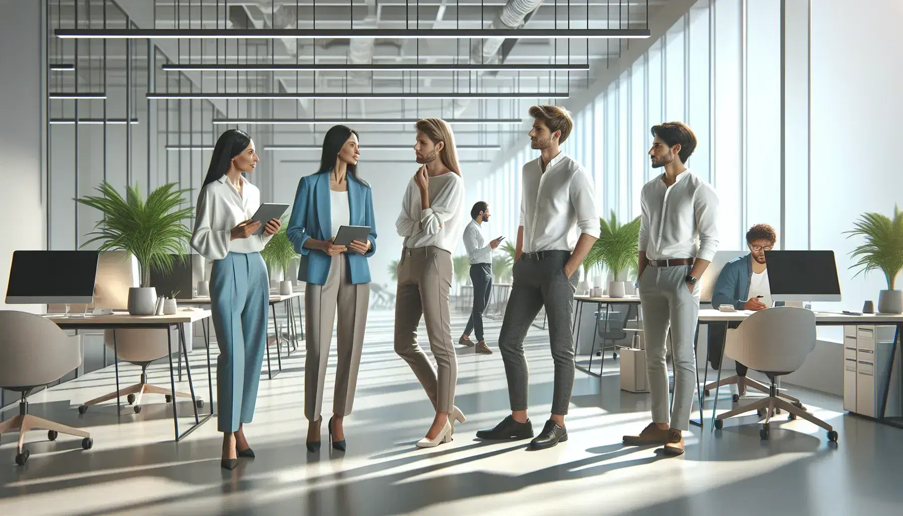 Grupo diverso de profesionales conversando en una oficina moderna con luz natural, plantas verdes y mobiliario contemporáneo.