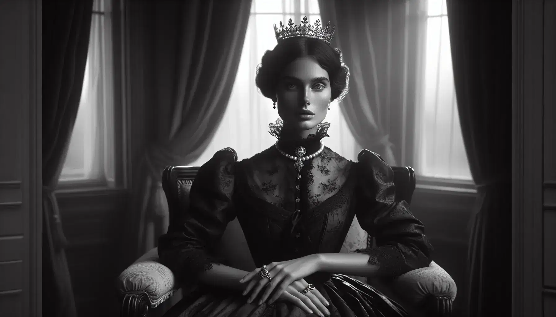 Ritratto in bianco e nero di donna in abito vittoriano con corona, perla al collo e gioielli, seduta su poltrona imbottita.