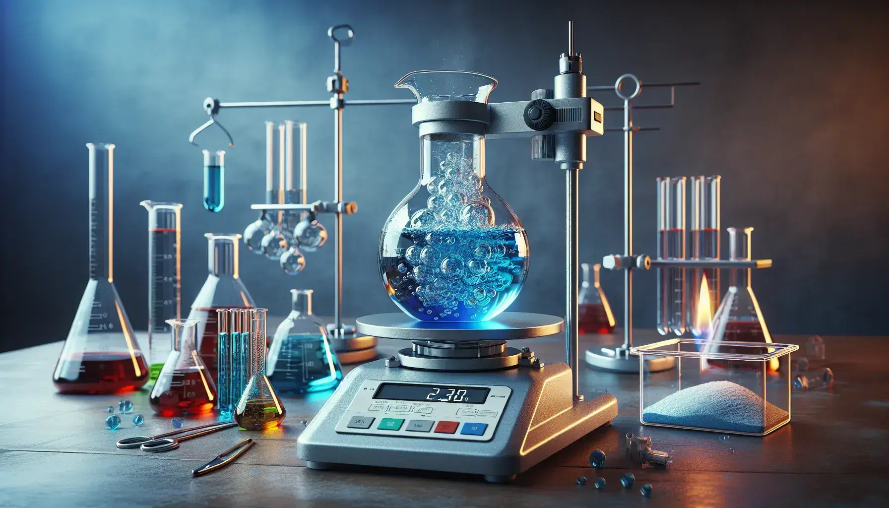 Laboratorio chimico con becher su treppiede contenente liquido blu in ebollizione, bilancia analitica, provette colorate e bottiglie con sostanze.