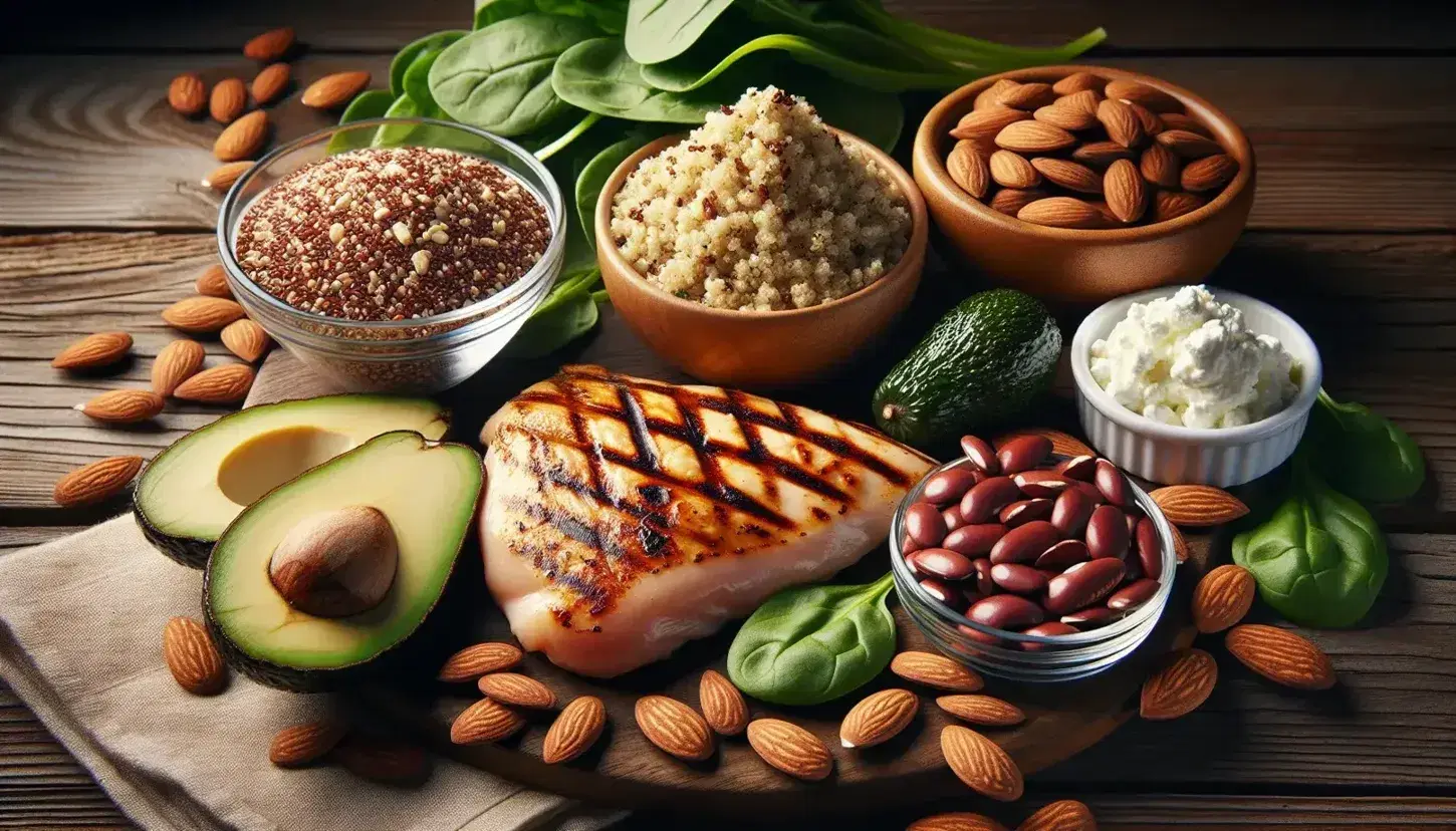 Variety of amino acid rich foods on wooden table: grilled chicken breast, quinoa, avocado, almonds, cottage cheese, spinach and red beans.