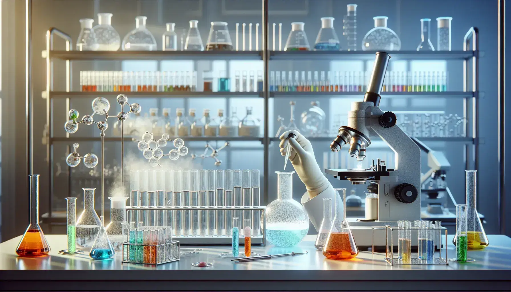 Laboratorio scientifico moderno con provette colorate, bruciatore Bunsen acceso, microscopio e mano con pipetta.