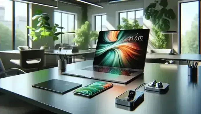 Modern office setup with a high-end laptop, wireless earbuds, and a smartphone on a charging pad, surrounded by indoor plants and natural light.