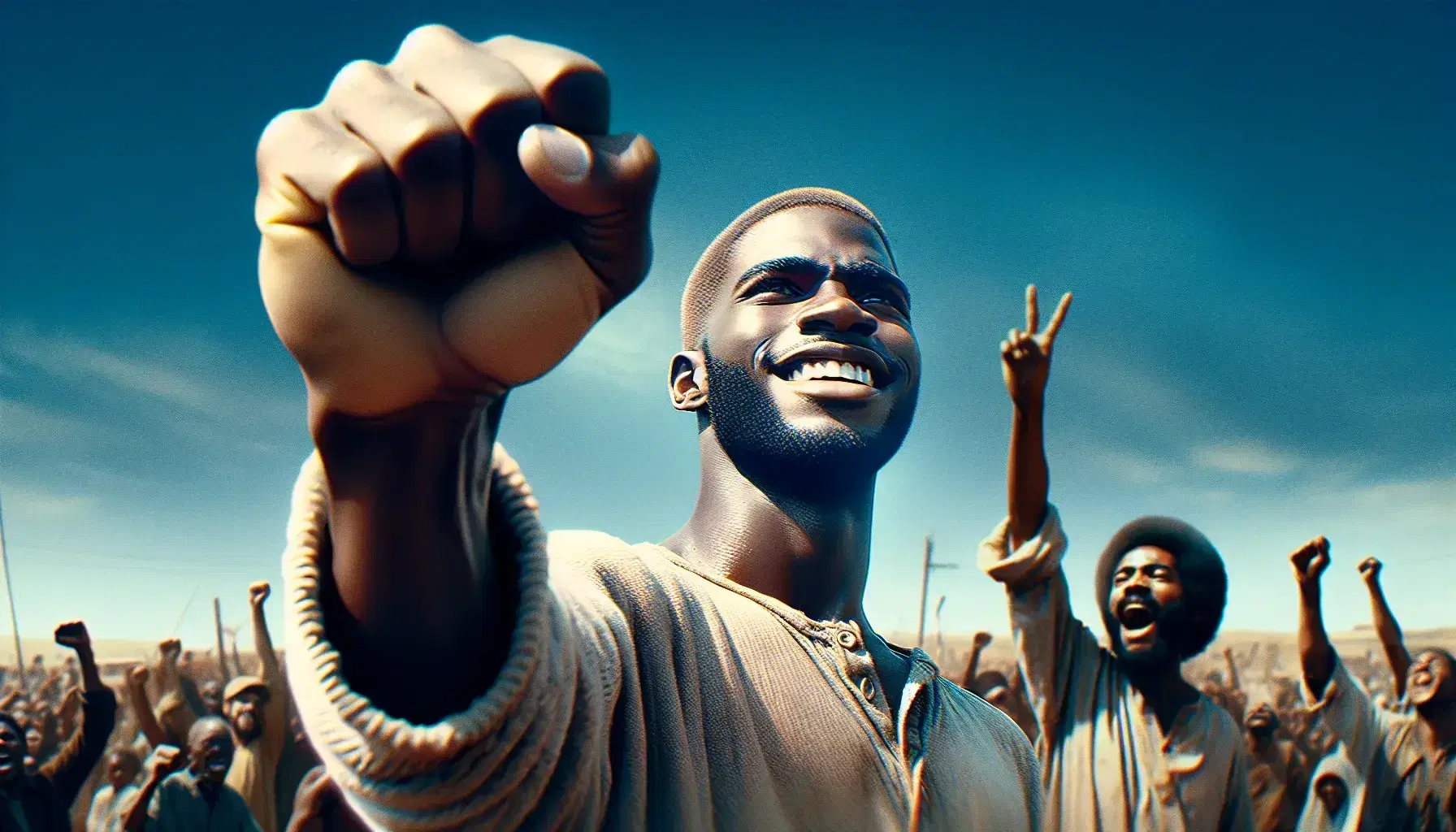 Raised fist of a dark-skinned man symbolizes victory against a blue sky, with a smiling man and celebrating figures in the background, near a light structure.