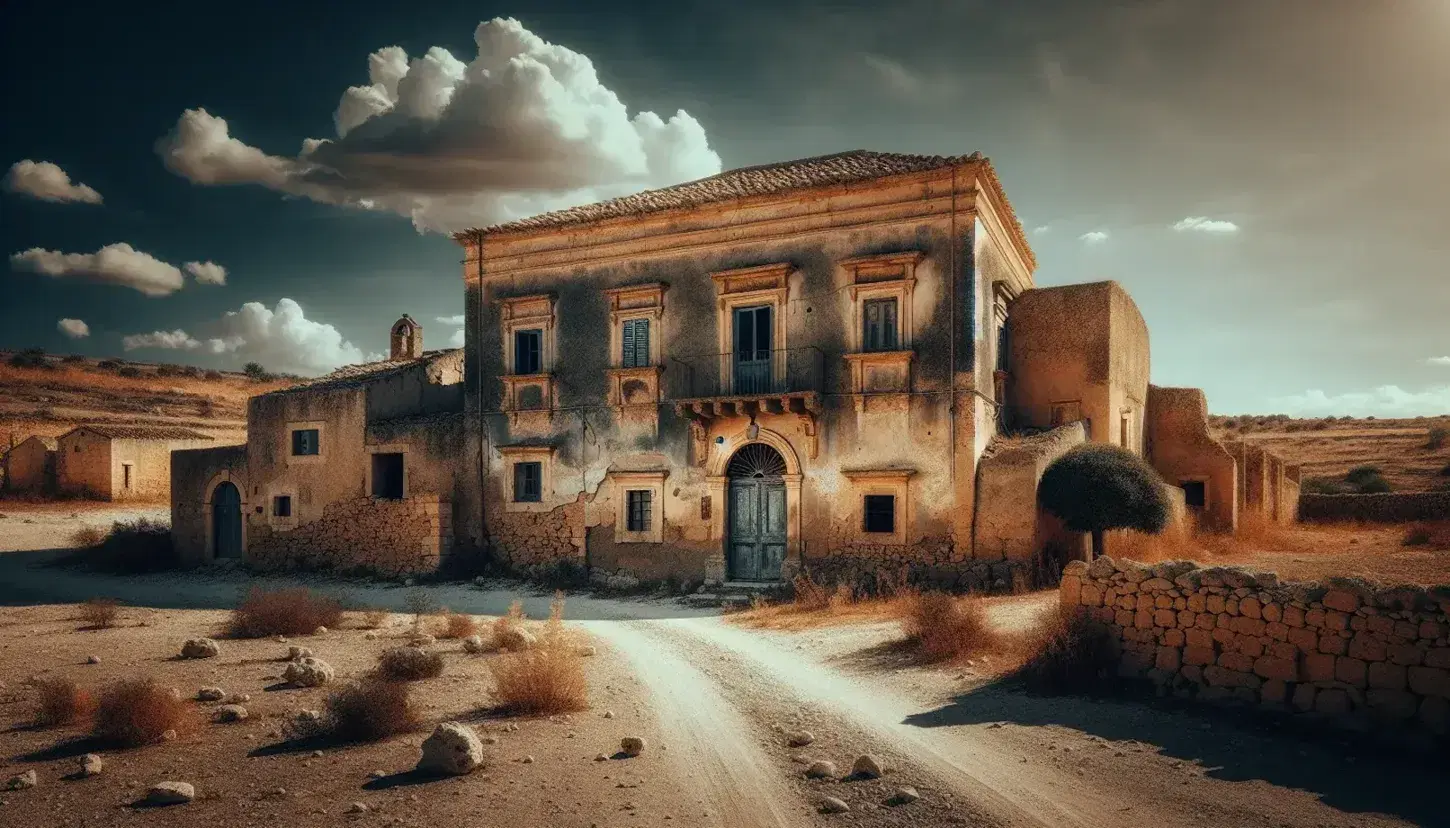 Casa di campagna siciliana in pietra con terreno arido e cielo azzurro, senza persone, evocativa dell'ambiente verista di Verga.