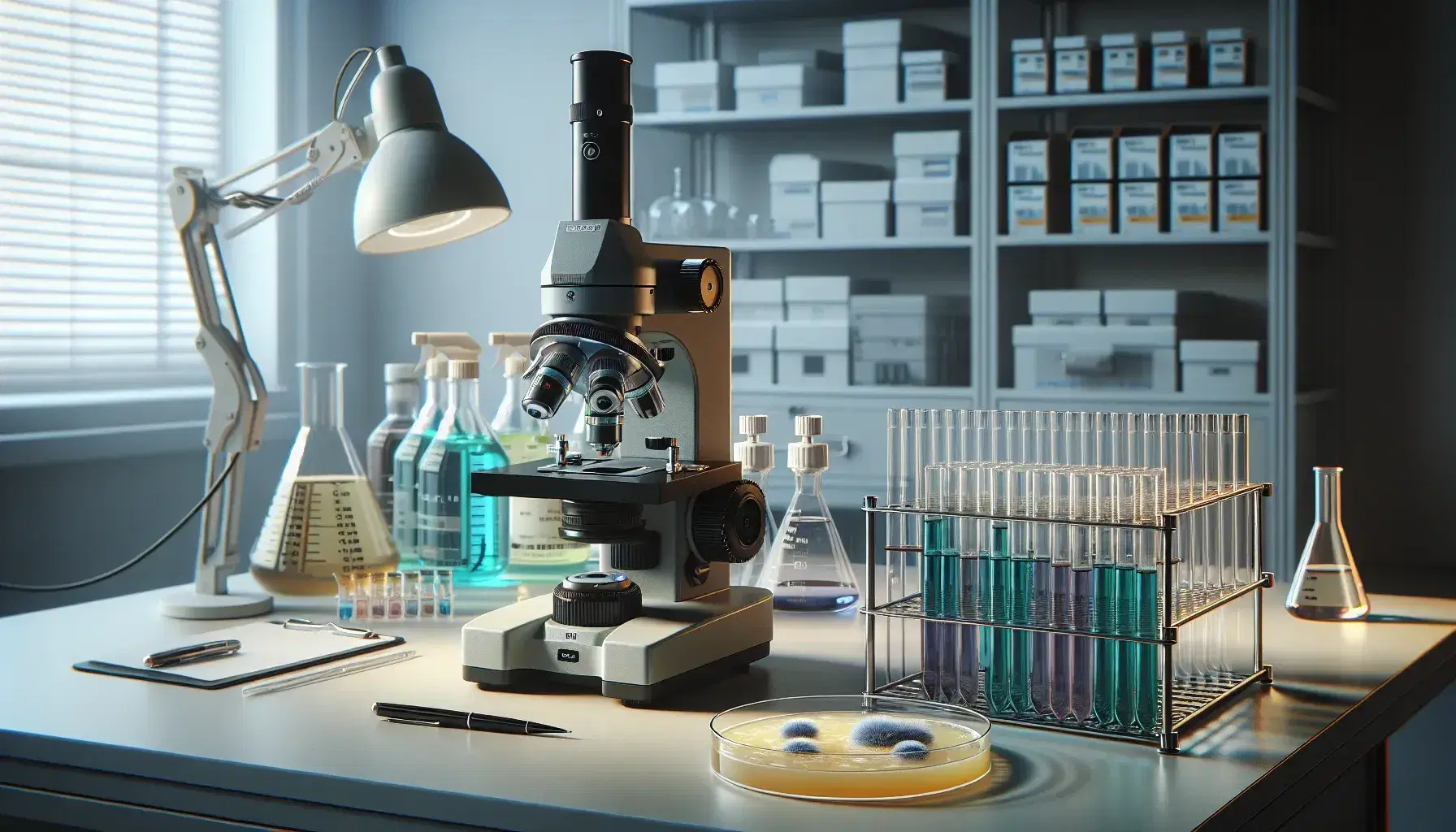 Microscopio elettronico in laboratorio scientifico con provette colorate, piatto di Petri con colture batteriche e materiali di laboratorio sullo sfondo.