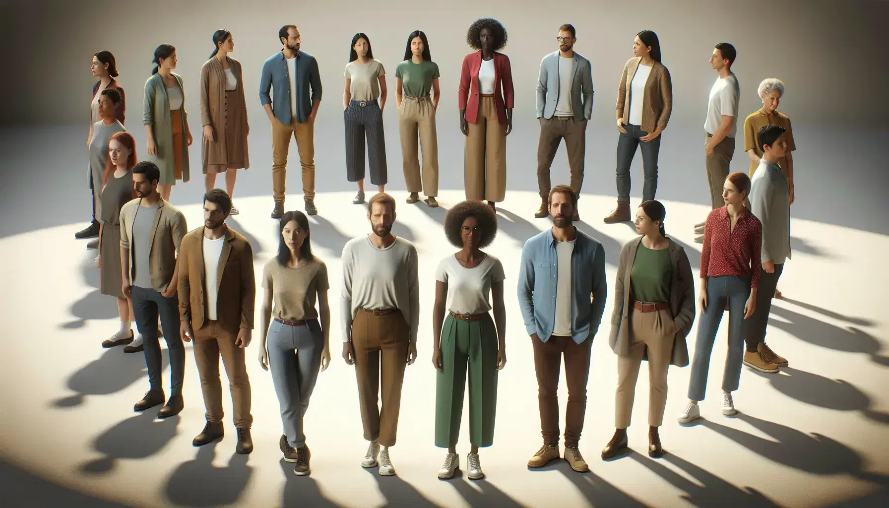 Grupo diverso de personas en semi-círculo con vestimenta variada frente a pared clara, representando inclusión y unidad sin elementos distractores.