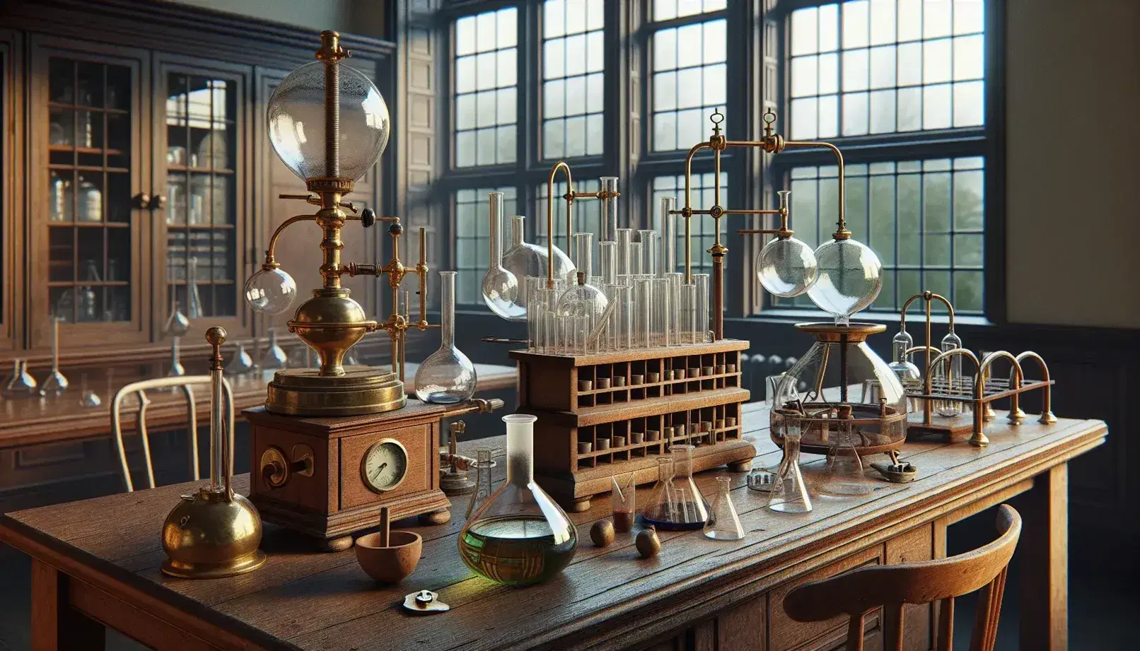 19th century laboratory with brass scales, laboratory glassware, Bunsen burner and porcelain mortar on wooden bench under bright window.