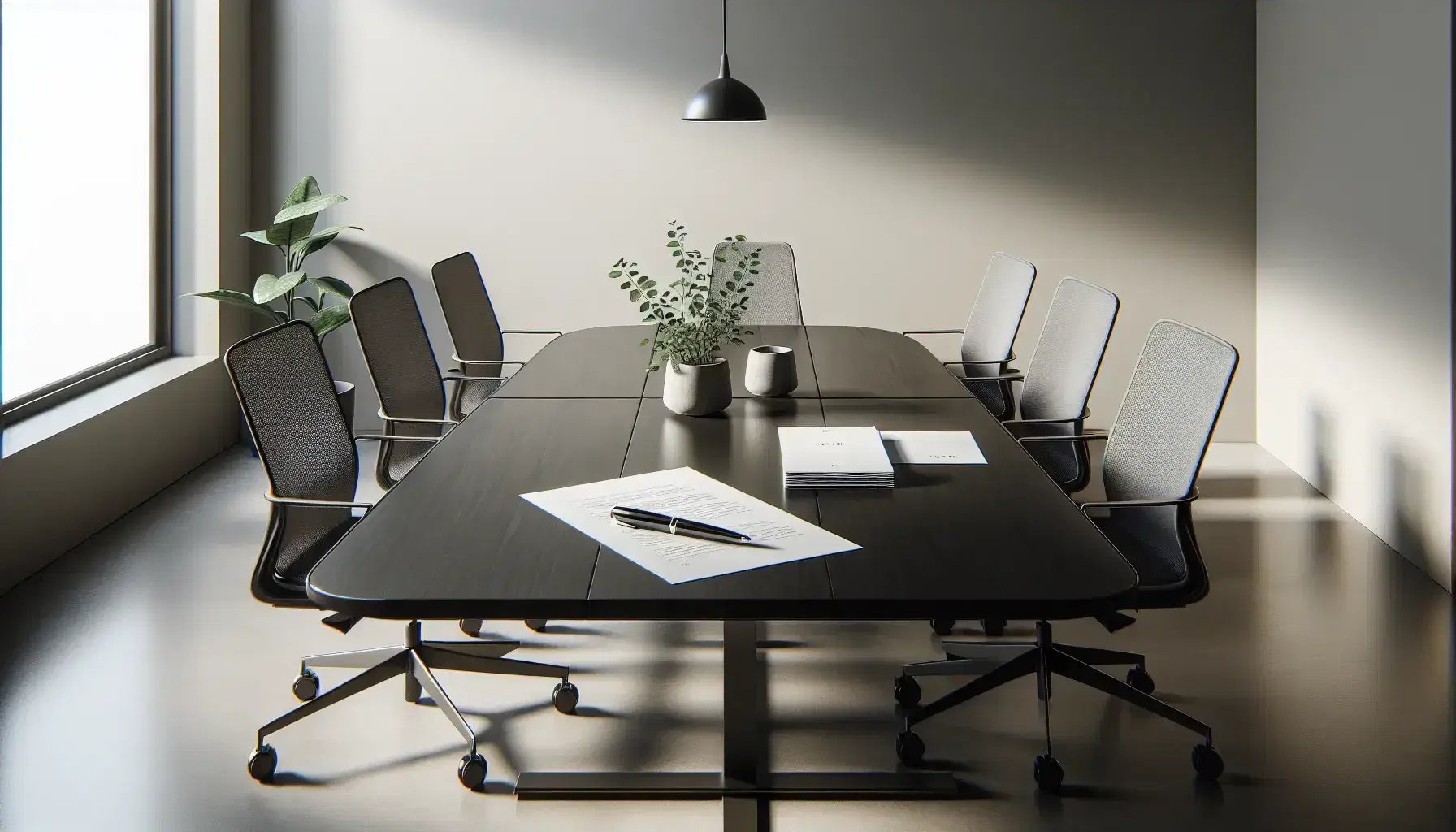 Mesa de reuniones ovalada de madera oscura con papeles blancos, bolígrafo negro y planta verde, rodeada de cinco sillas de oficina grises con respaldo ergonómico.