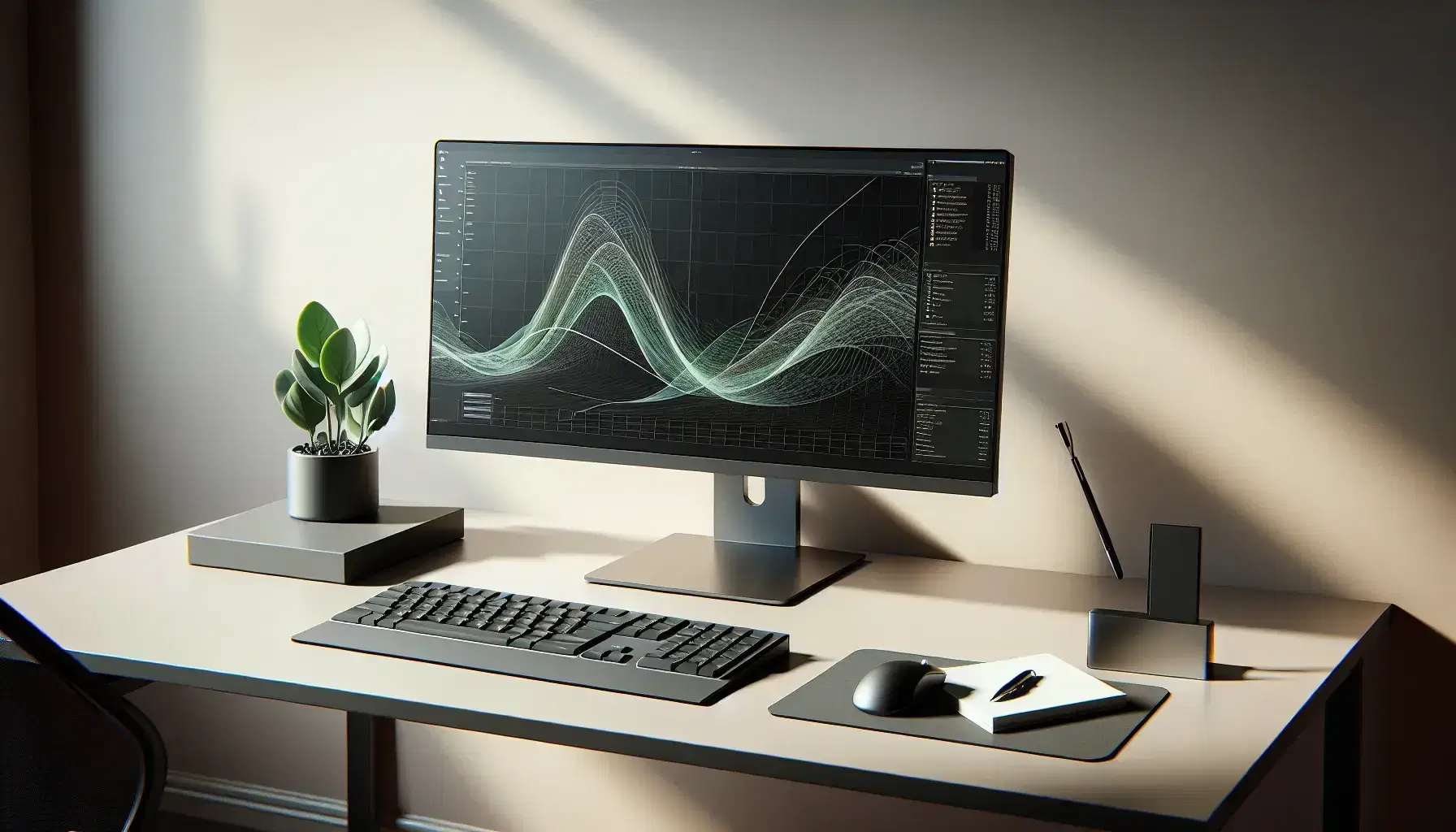 Modern computer workstation with a borderless monitor displaying a 3D graph, ergonomic keyboard, precision mouse, notepad, and a potted plant on a wooden desk.