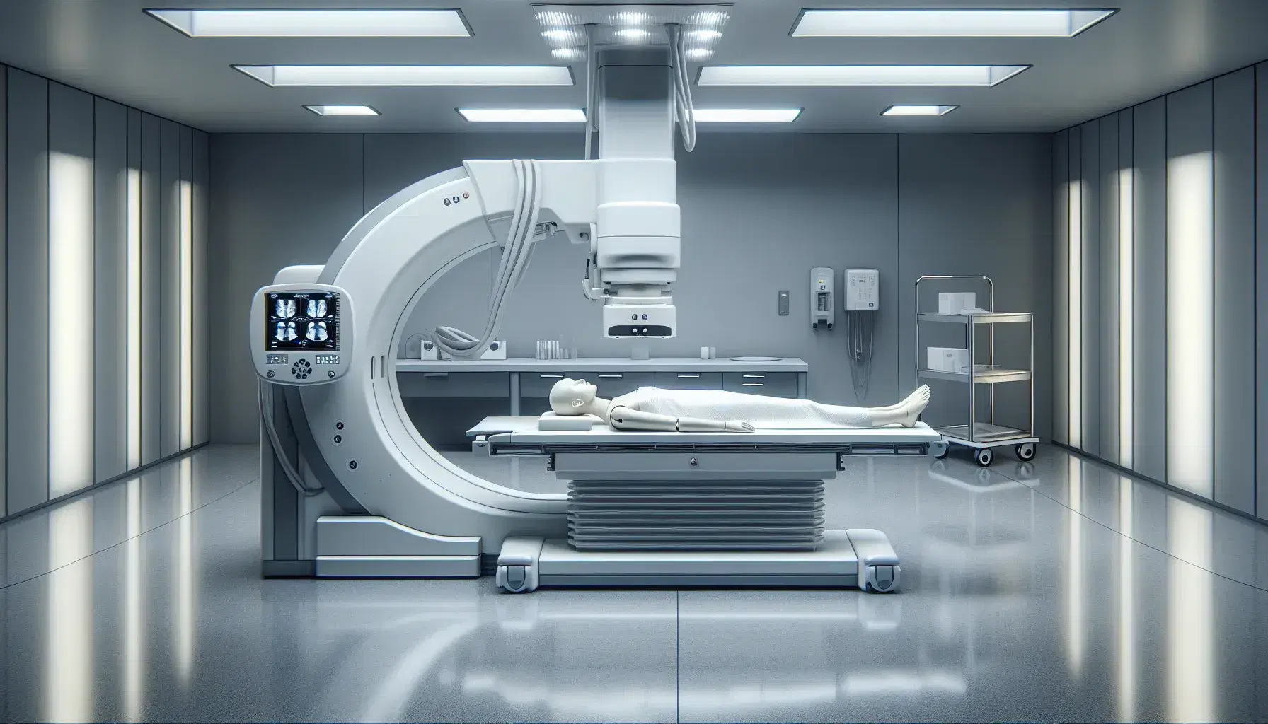 Sala de radiología con máquina de rayos X y maniquí simulando paciente en cama hospitalaria, panel de control y carrito con herramientas médicas.