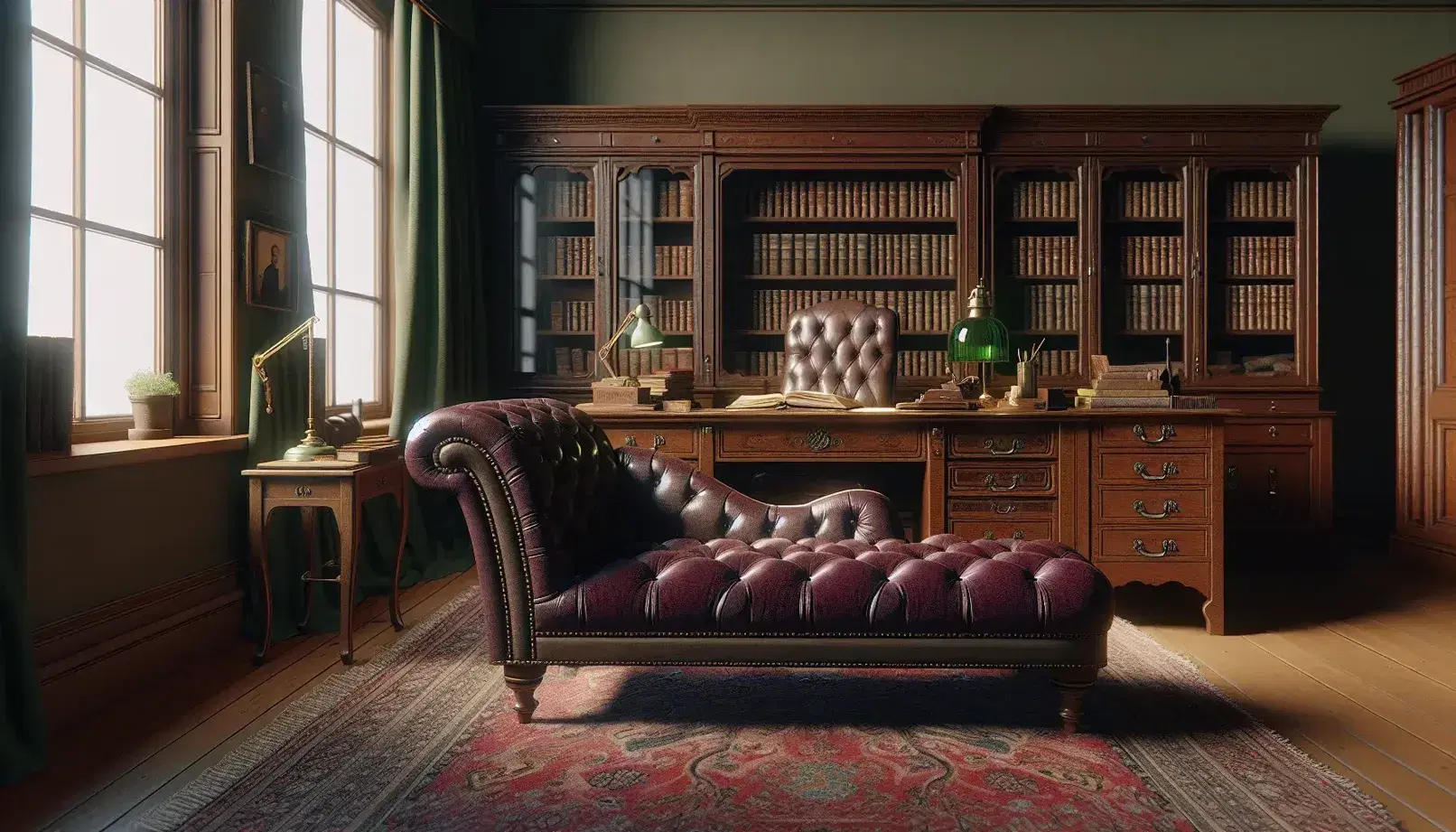 Vintage psychiatric office with burgundy chaise longue, wooden desk, bound books, brass lamp and Persian carpet.
