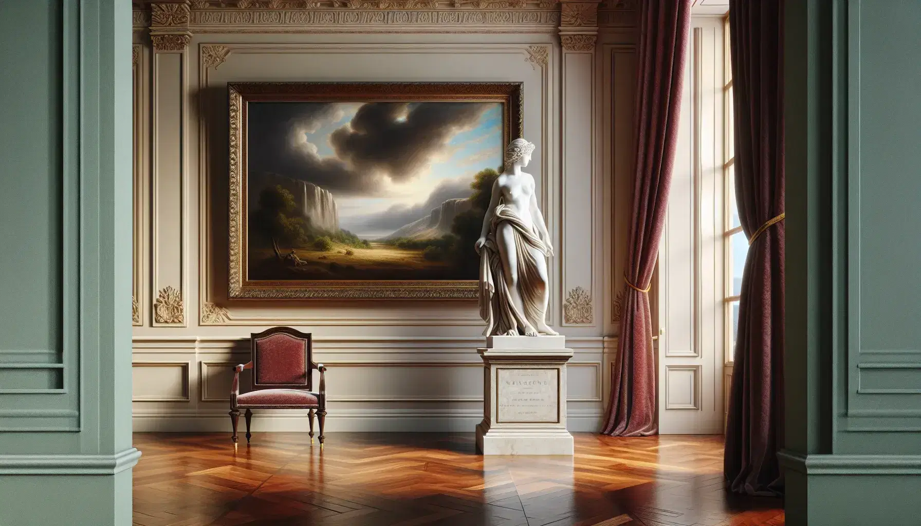 Galería de arte del siglo XVIII con escultura de mármol blanco en pose serena, cuadro de paisaje tormentoso y cortinas de terciopelo rojo junto a una ventana.