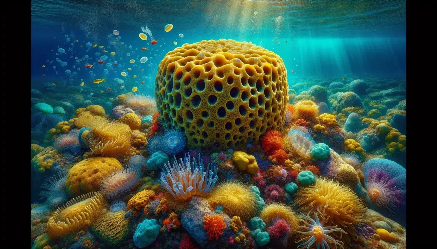 Scena subacquea colorata con spugna marina giallo-arancio, meduse traslucide, anemoni variopinti, pesci vivaci e raggi solari filtranti.