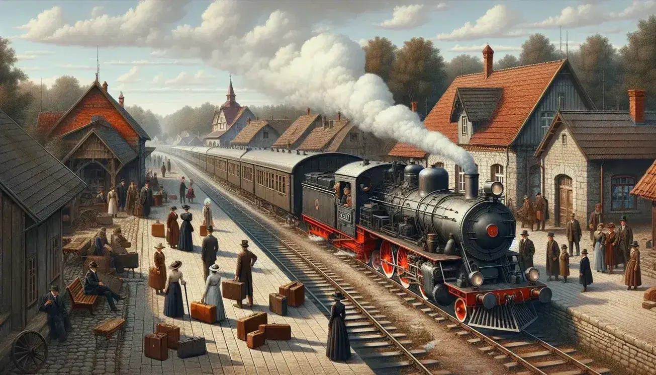 Locomotora de vapor antigua en estación con pasajeros en atuendos de época, plataforma de madera y edificio de ladrillos rojos, rodeada de naturaleza y un pueblo al fondo.
