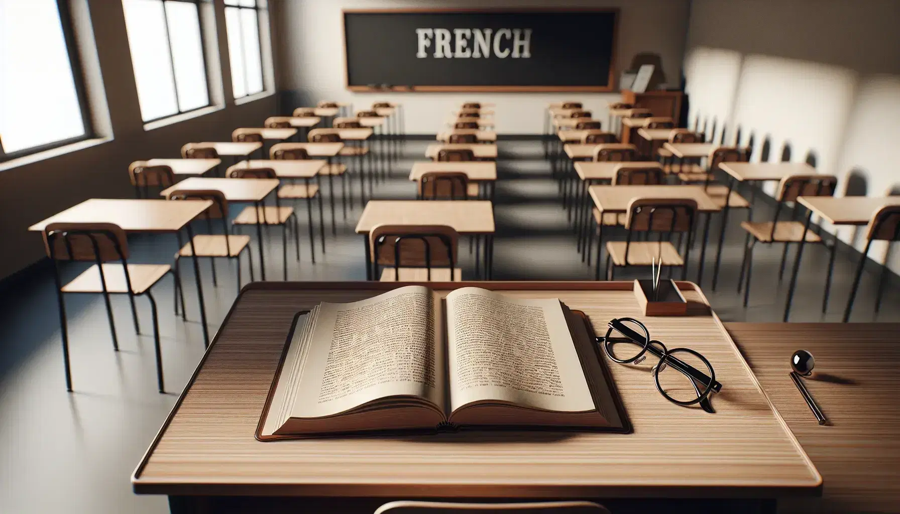 French language classroom with a teacher's desk featuring an open textbook and eyeglasses, empty student desks, and a clean chalkboard in a well-lit room.