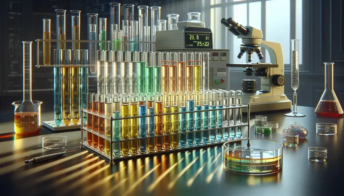 Tubos de ensayo con soluciones de colores variados en un soporte metálico, balanza analítica y microscopio en un laboratorio de investigación bioquímica.