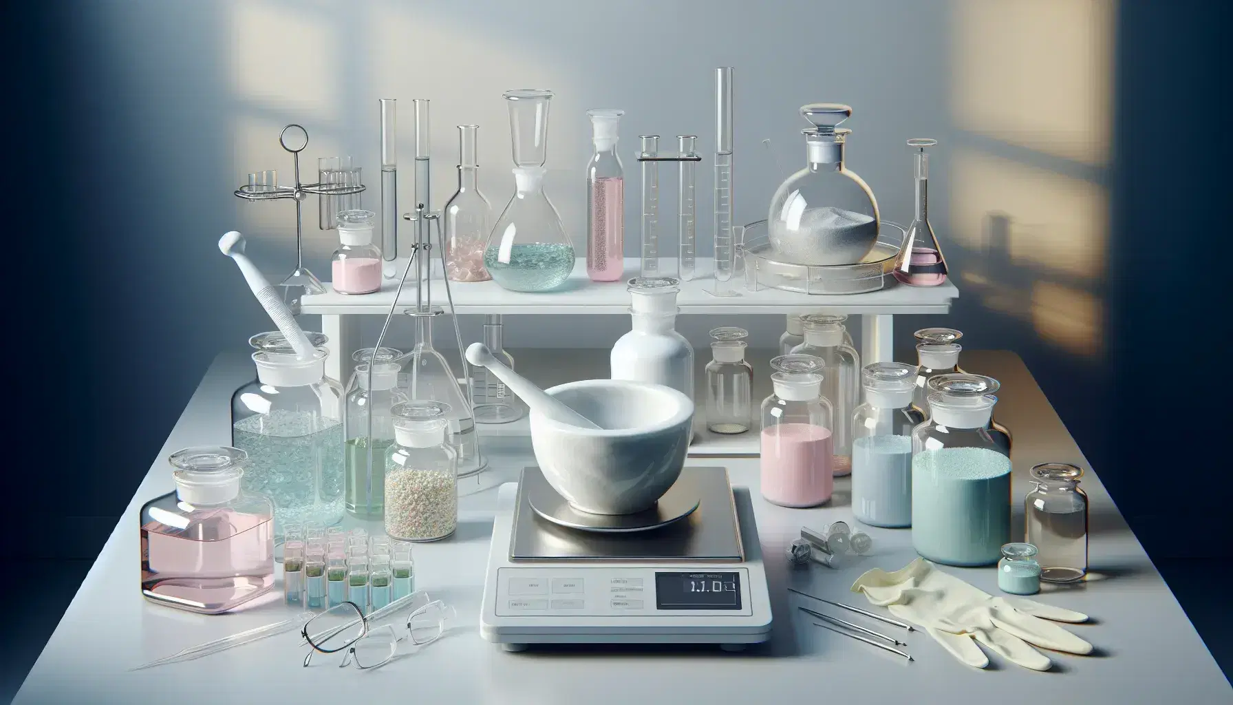 Laboratorio de investigación cosmética con frascos de líquidos pastel, mortero de porcelana, pipetas, guantes, gafas de seguridad y balanza analítica.