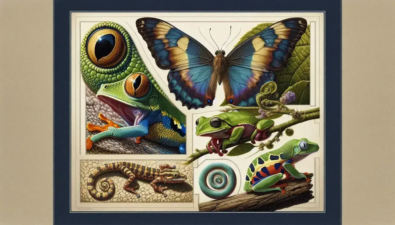 Mariposa con alas azules y amarillas, rana verde lista para saltar, camaleón en rama y pez tropical en agua ilustran la diversidad respiratoria animal.