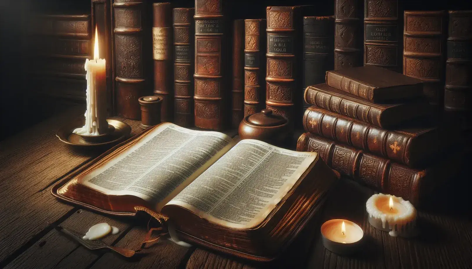 Mesa de madera antigua con Biblia abierta de bordes dorados, vela encendida y gafas metálicas, en un ambiente de estudio con estantería de libros.