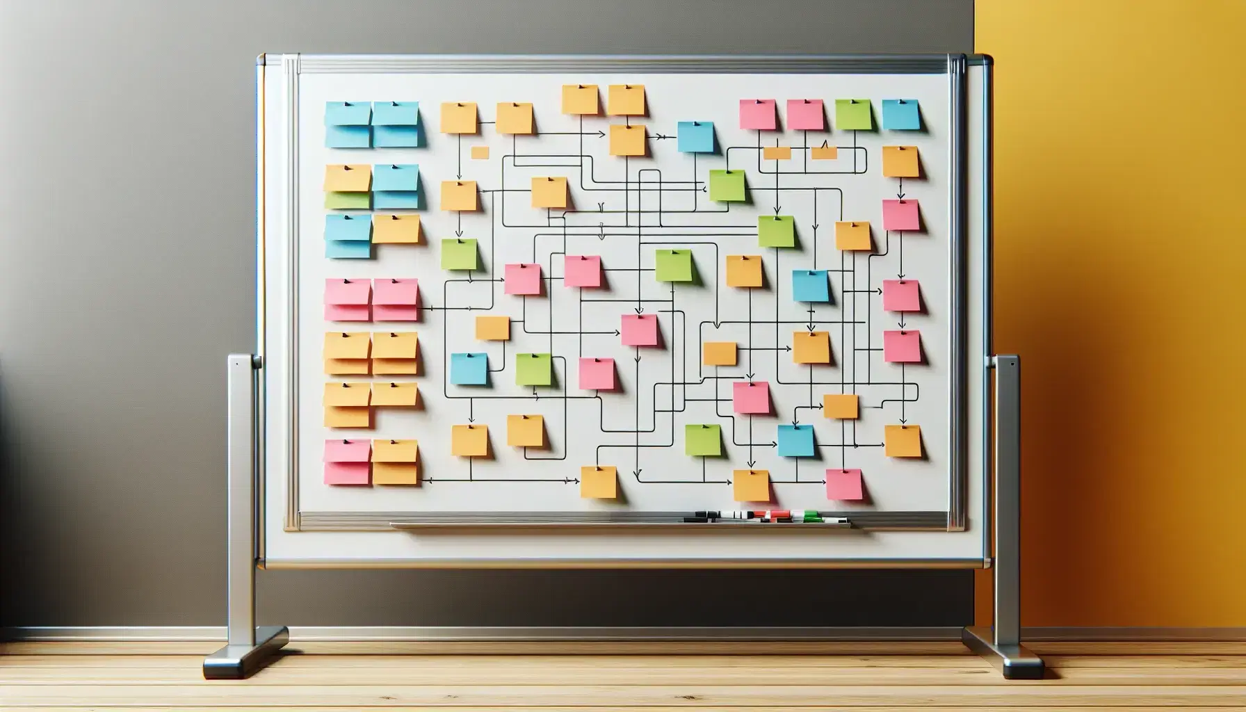 Pizarra con notas adhesivas de colores organizadas y conectadas por líneas, sin texto visible, enmarcada en aluminio gris sobre mesa de madera clara.