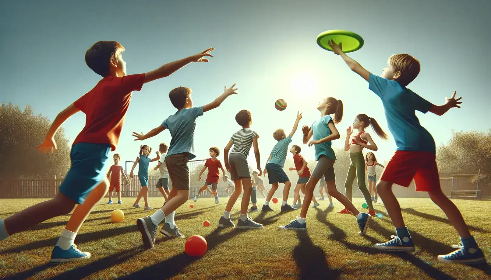 Niños de diversas edades jugando al aire libre en un campo de césped verde, lanzando un frisbee naranja, pasando una pelota y saltando la cuerda.