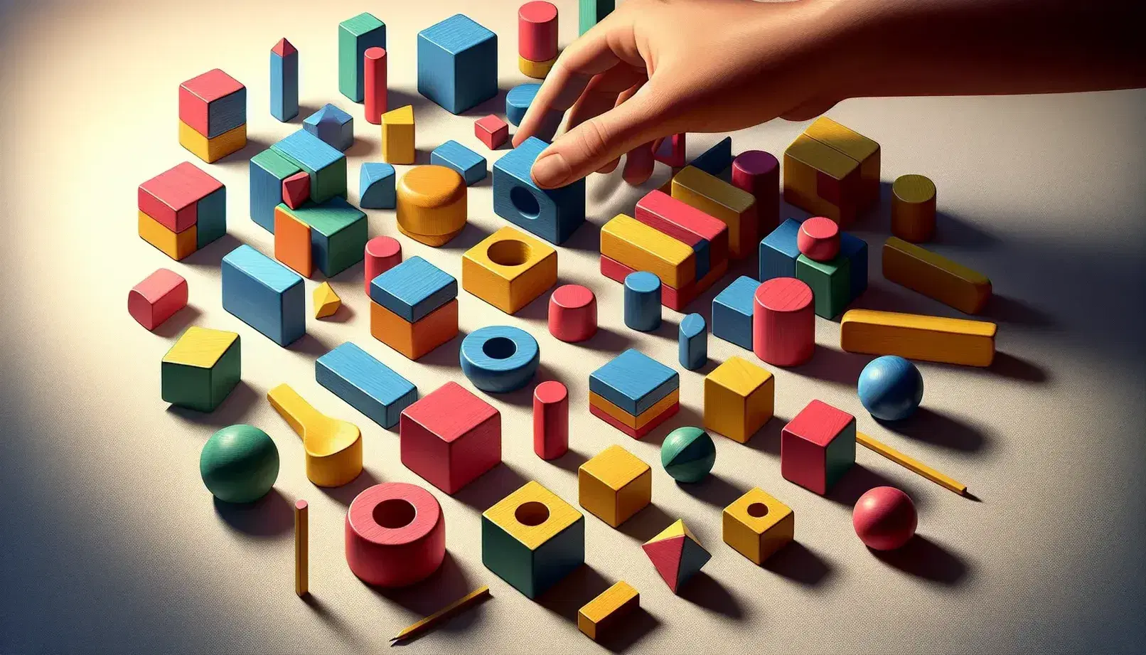 Colorful wooden blocks being arranged by a hand, with a blue cube atop a red prism, near a yellow cylinder and green triangle on a light surface.