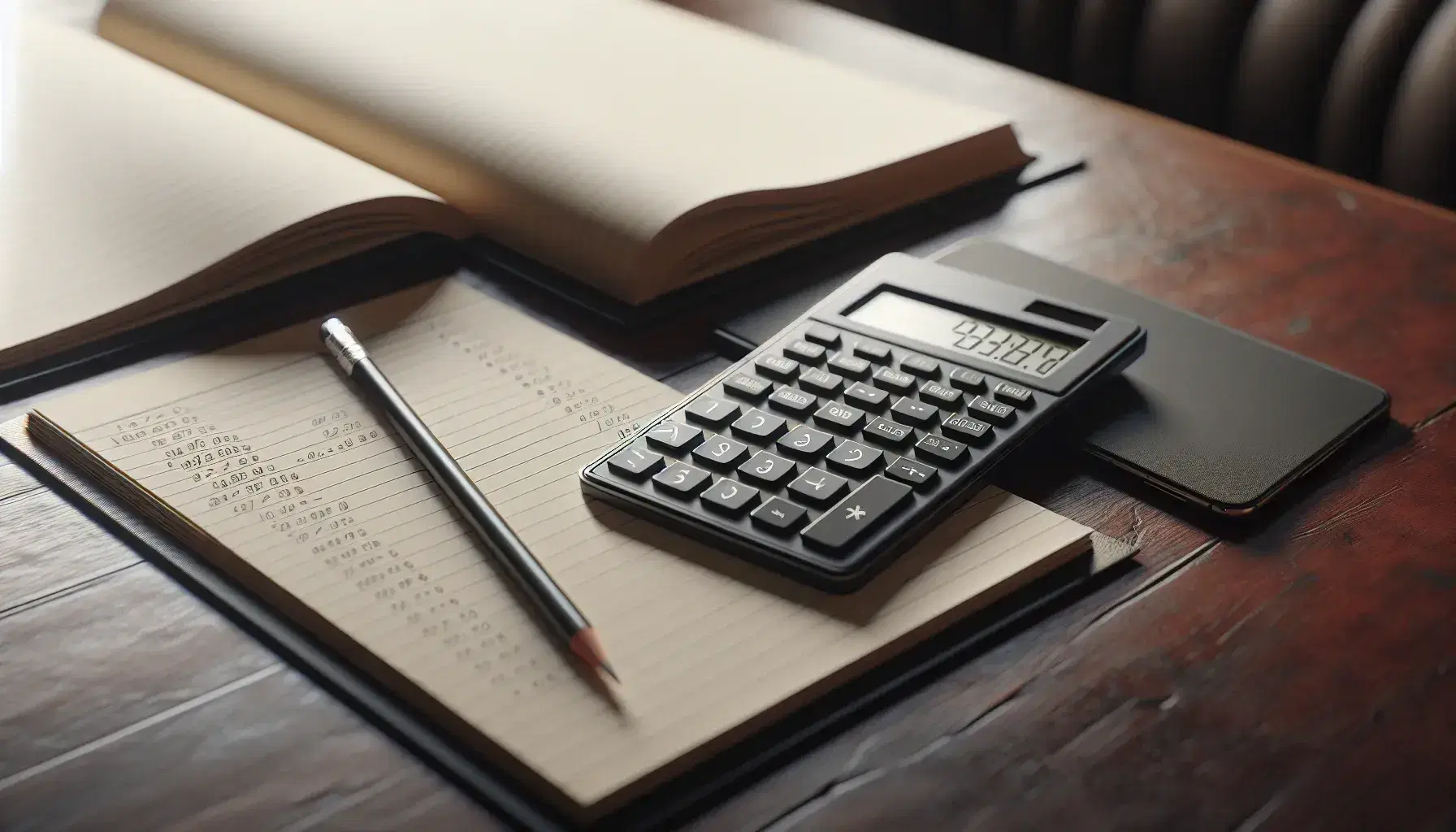 Escritorio de madera oscura con calculadora, hojas en blanco, lápiz y libro abierto, junto a un smartphone boca abajo en un entorno de oficina.