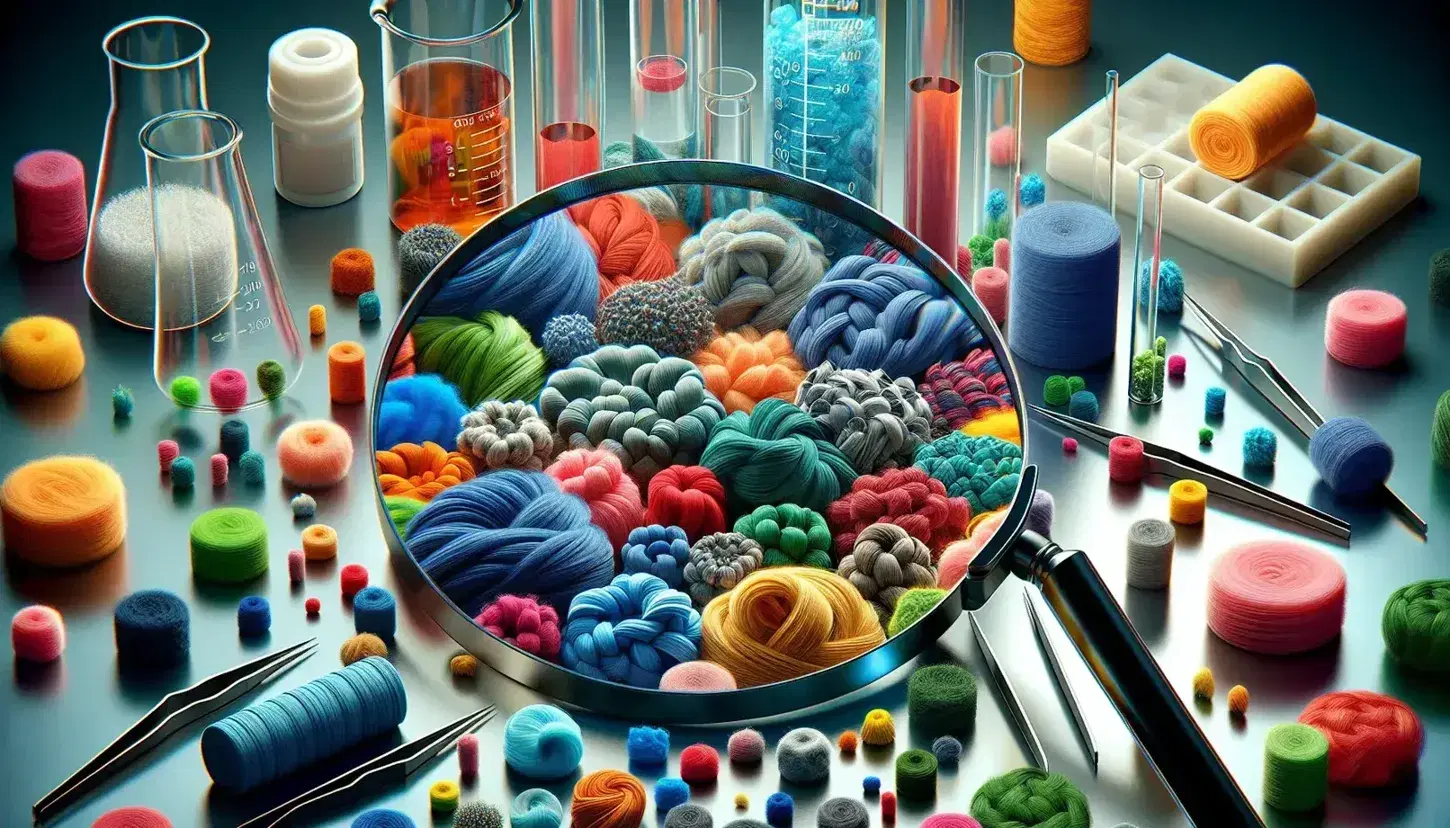 Close up of colored textile fibers in laboratory with beaker, tweezers and mortar, highlighting variety and detailed structure.