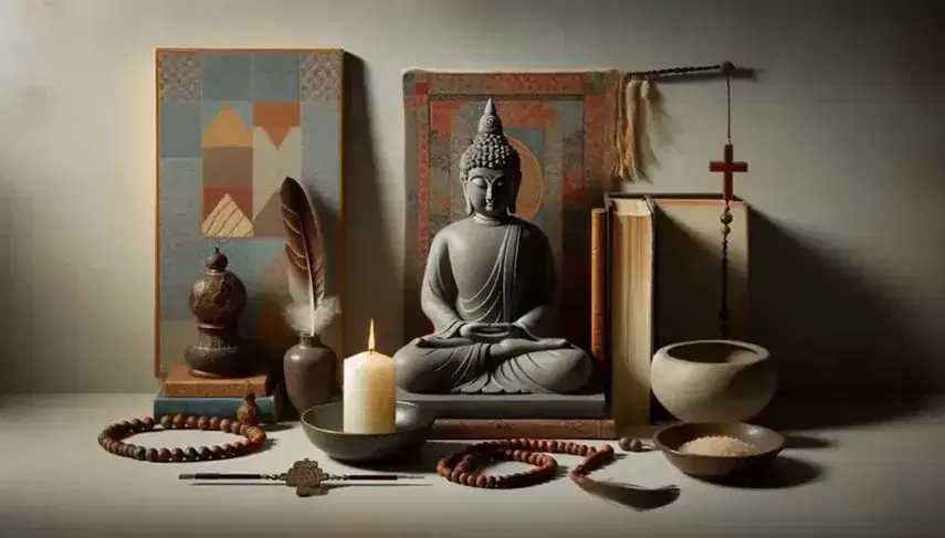 Estatua de Buda en posición de loto con rosario de madera y cruz, vela encendida, tapiz geométrico y pluma junto a incienso en cuenco de arcilla.