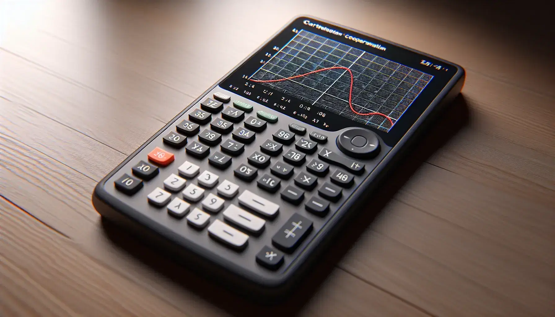 Graphing calculator displaying a red graph of the odd function y=x^3 on its screen, set on a wooden desk with soft lighting and focused detail.