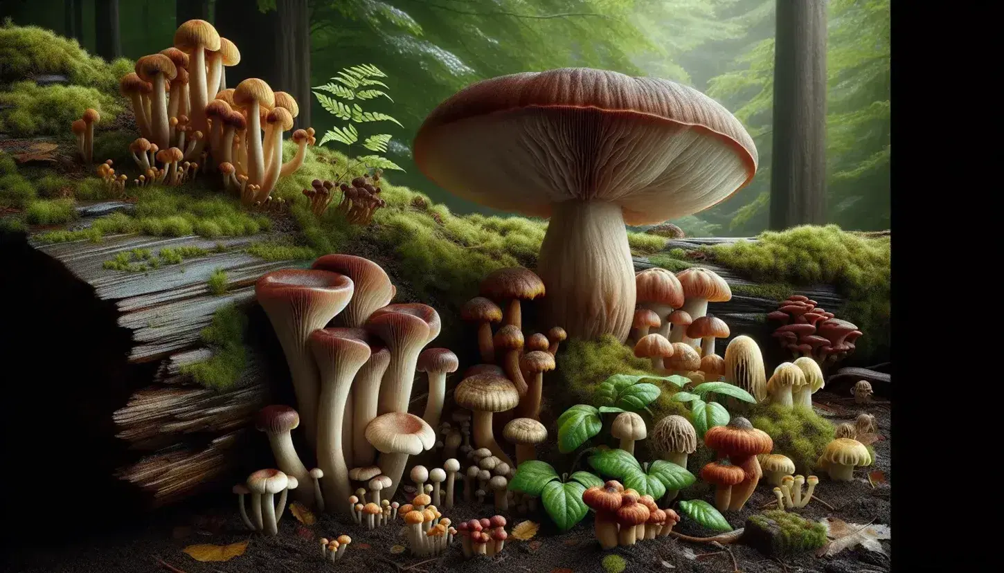 Diverse forest fungi with a prominent earthy brown mushroom, surrounded by smaller colorful mushrooms on a moss-covered log and fertile soil.