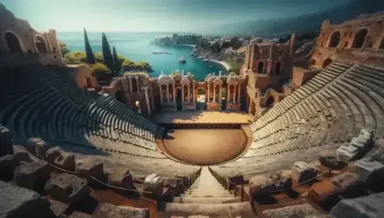 Teatro Antico di Taormina con gradinate in pietra ocra, resti di colonne sul palco e vista panoramica sul mare azzurro.