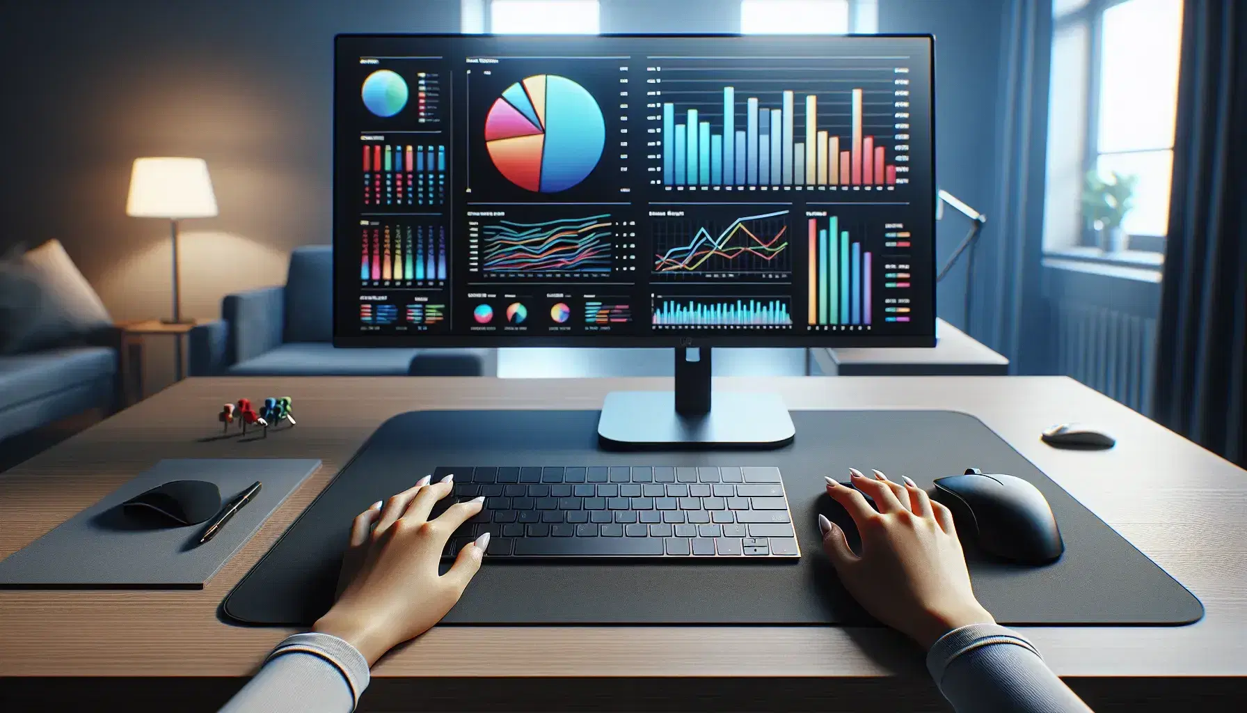 Modern computer monitor displaying colorful graphs, with a wireless mouse on the left and a black keyboard on the right, framed by a user's hands poised to type.