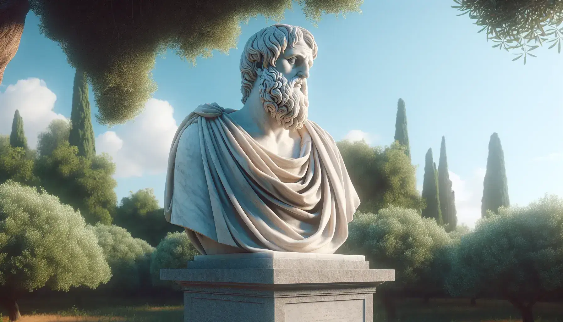 Statua in marmo del filosofo Parmenide su piedistallo grigio, contornata da vegetazione, sotto un cielo azzurro sereno.