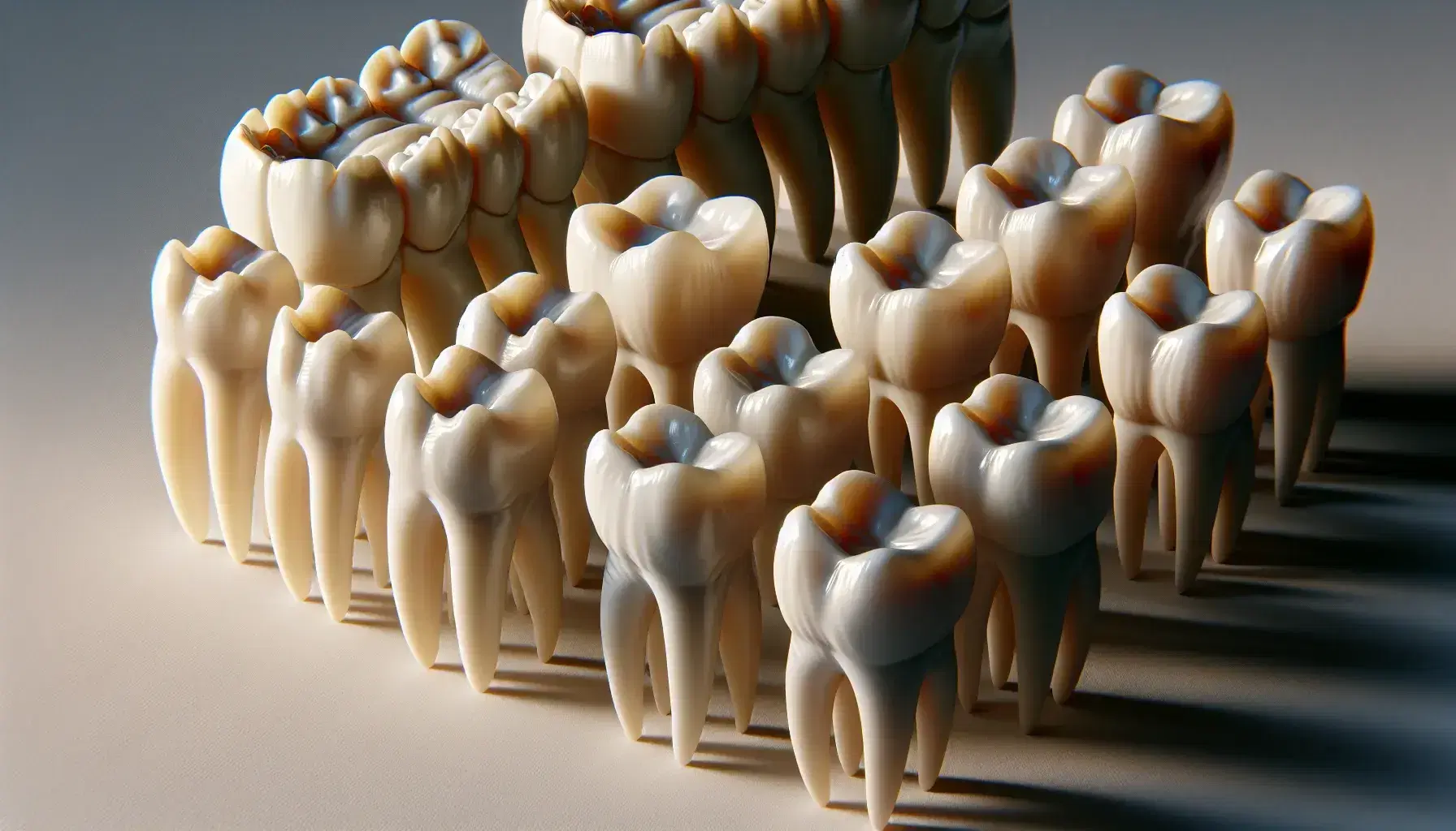 Modelos tridimensionales de dientes humanos en fila mostrando incisivos, caninos, premolares y molares sobre superficie lisa.