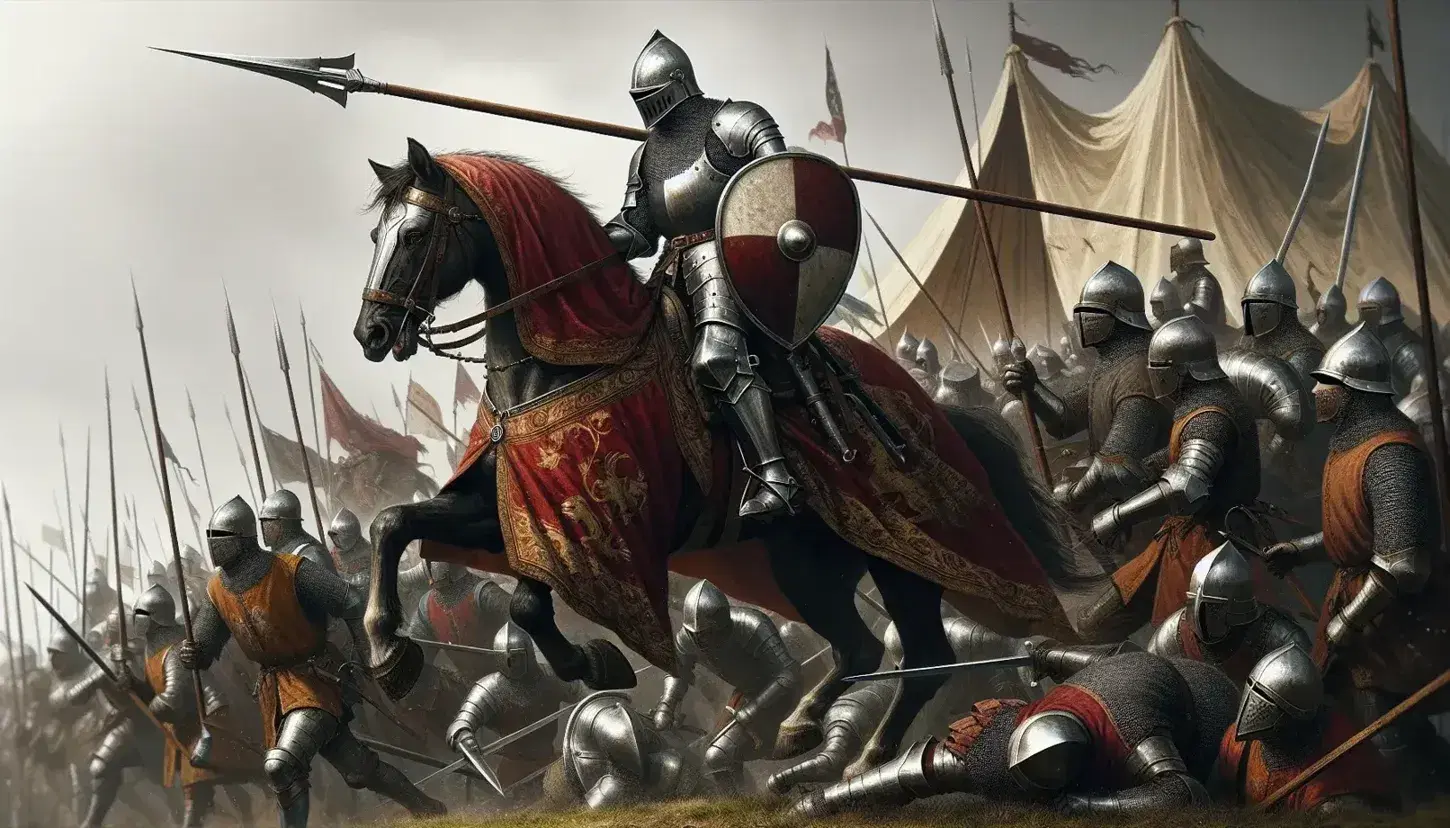 Cavaliere in armatura su cavallo con coperta rossa brandisce lancia in battaglia medievale, soldati con armi e scudi circondano, tende sullo sfondo.