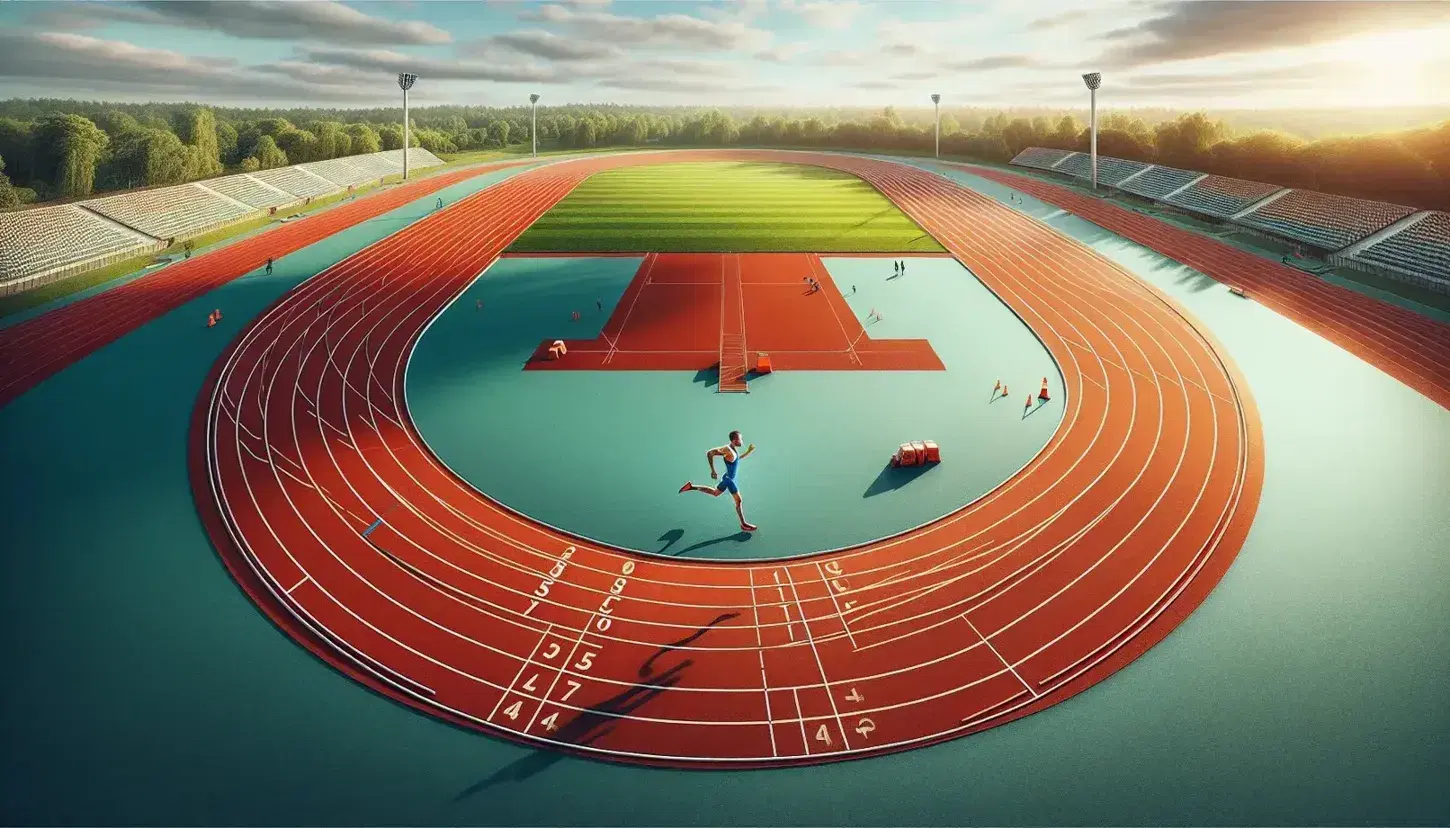 Pista di atletica con corsie curve rosse e linee bianche, atleta in maglia blu e pantaloncini neri corre al centro, campo verde e cielo azzurro.