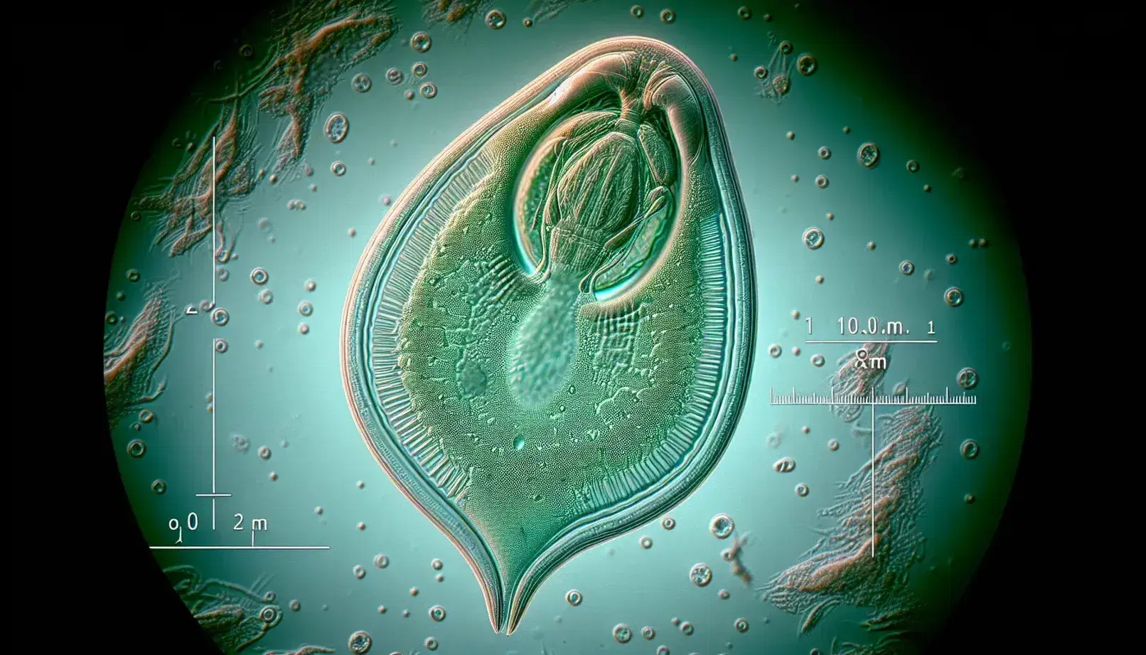 Close-up microscopic view of a pear-shaped Giardia lamblia trophozoite with a prominent sucking disk and four pairs of flagella on a blue background.