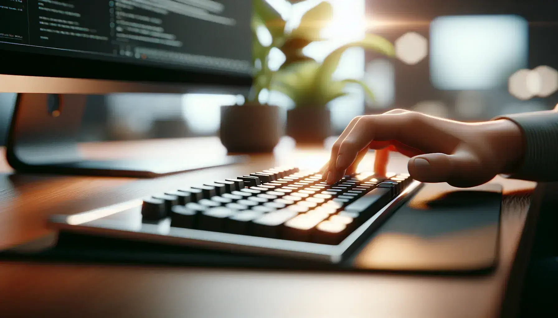 Close-up of a hand on modern computer keyboard, black keys on silver base, on wooden desk, blurred background with office elements.