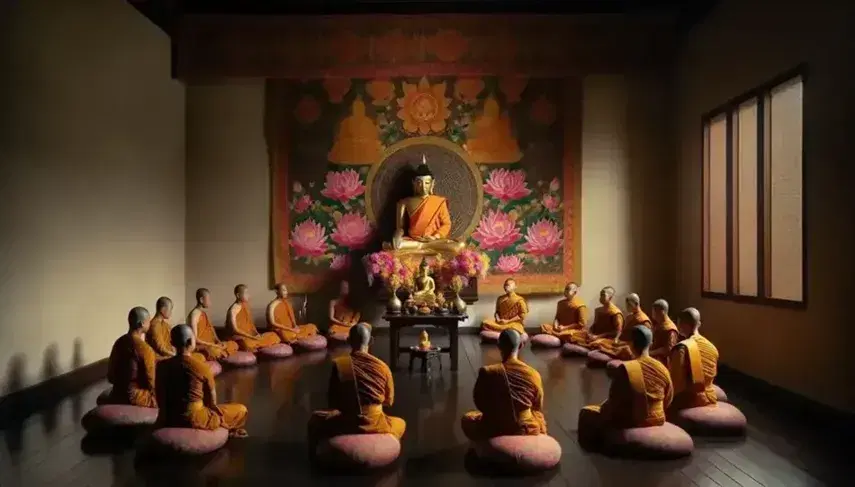 Monaci buddisti in meditazione su cuscini, con statua di Buddha e offerte floreali su tavolo, in ambiente sereno.