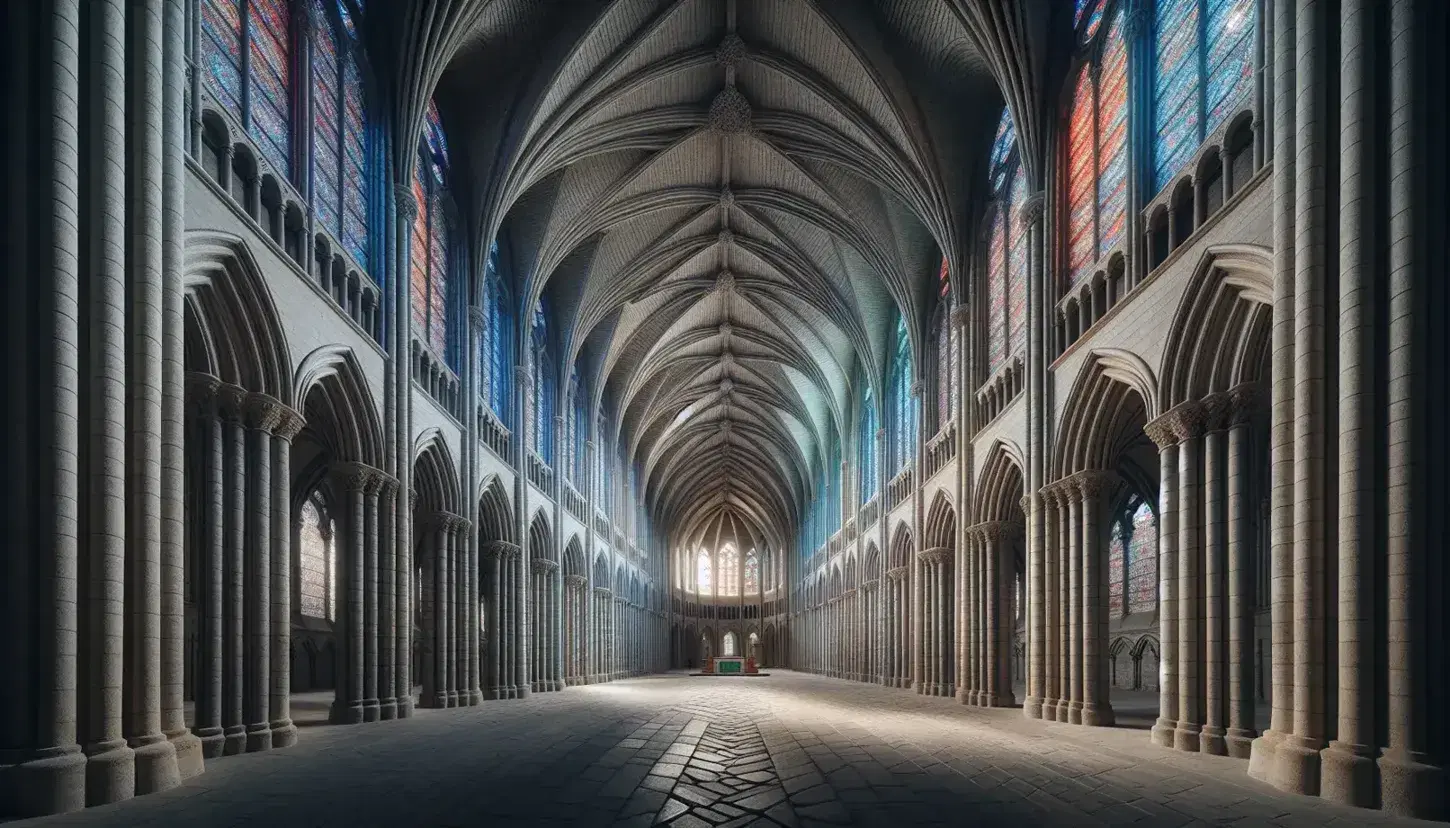 Interior gótico de catedral con bóvedas de crucería, columnas agrupadas y vidrieras policromadas que filtran luz natural.