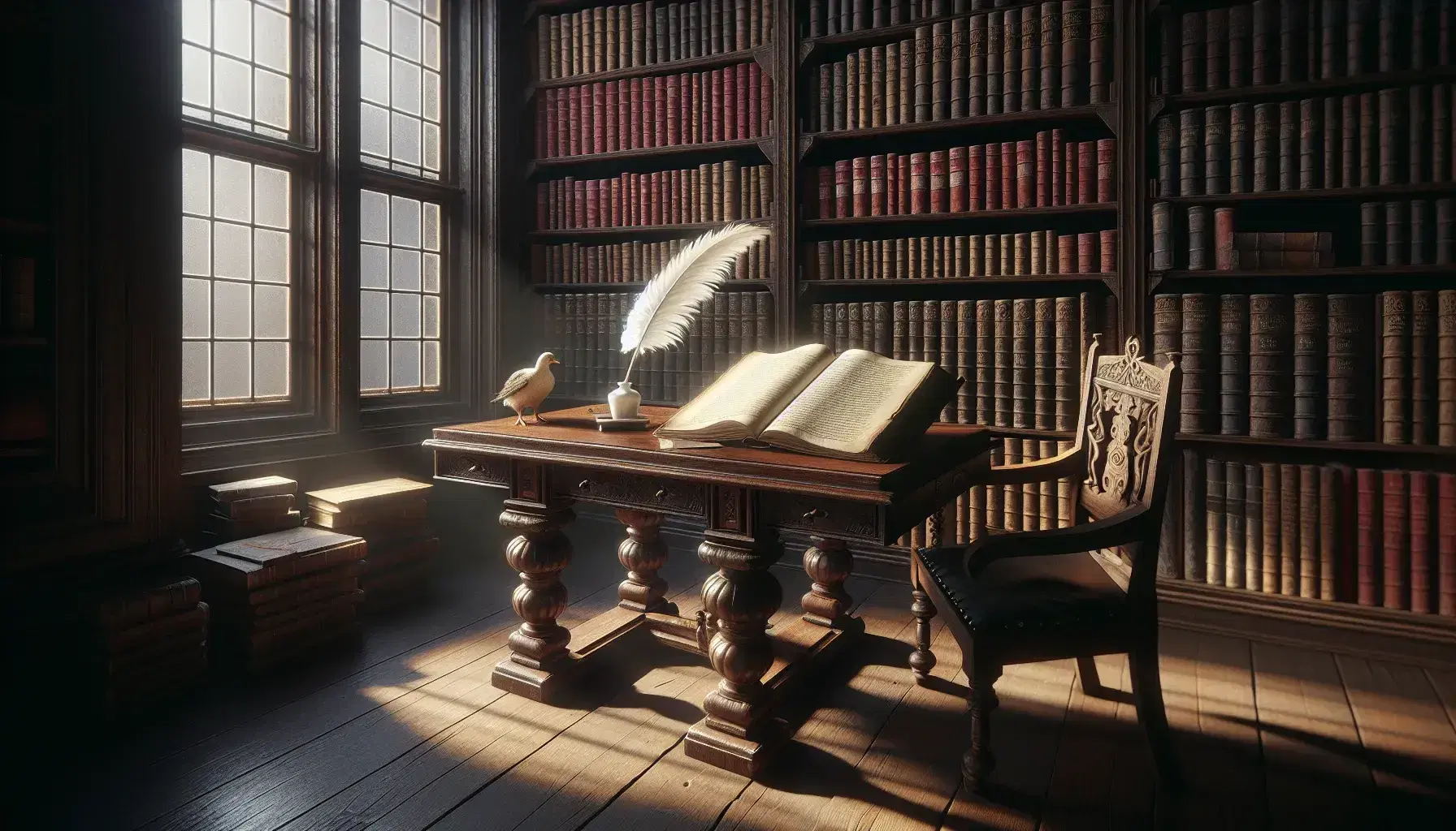 Biblioteca antigua con estantes de madera oscuros llenos de libros, mesa central con libro abierto, pluma y tintero bajo luz natural.